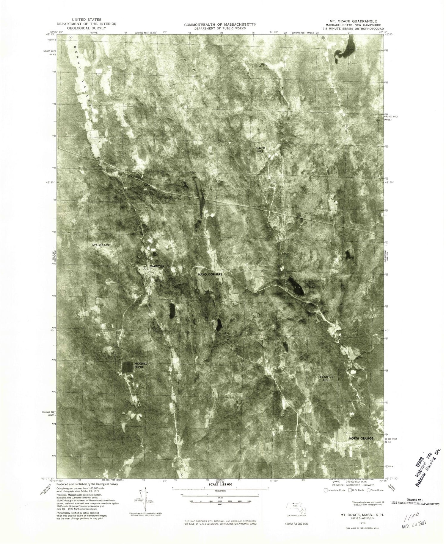 Classic USGS Mount Grace Massachusetts 7.5'x7.5' Topo Map Image