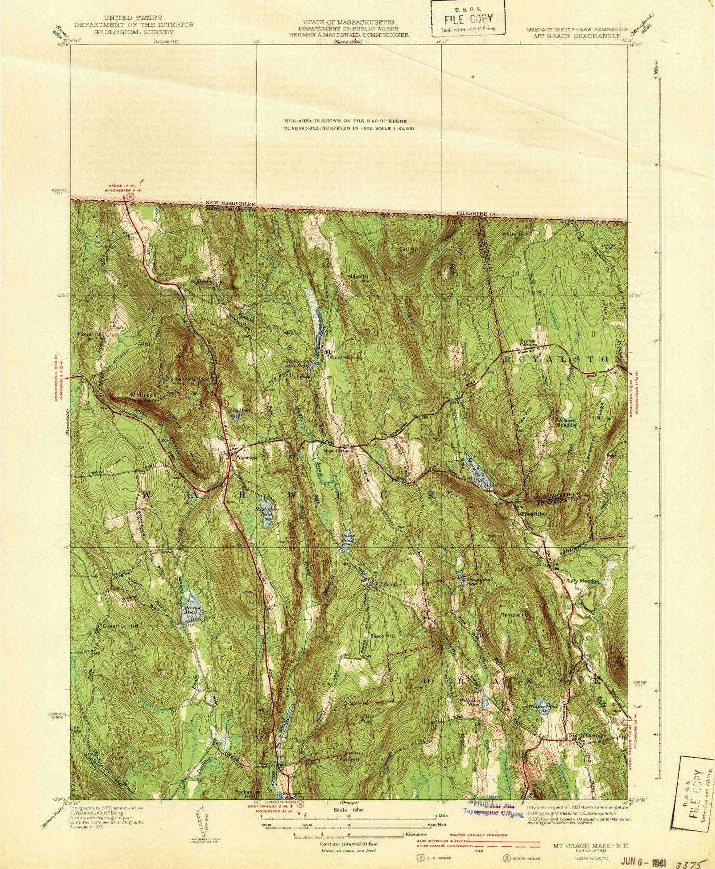 Classic USGS Mount Grace Massachusetts 7.5'x7.5' Topo Map Image