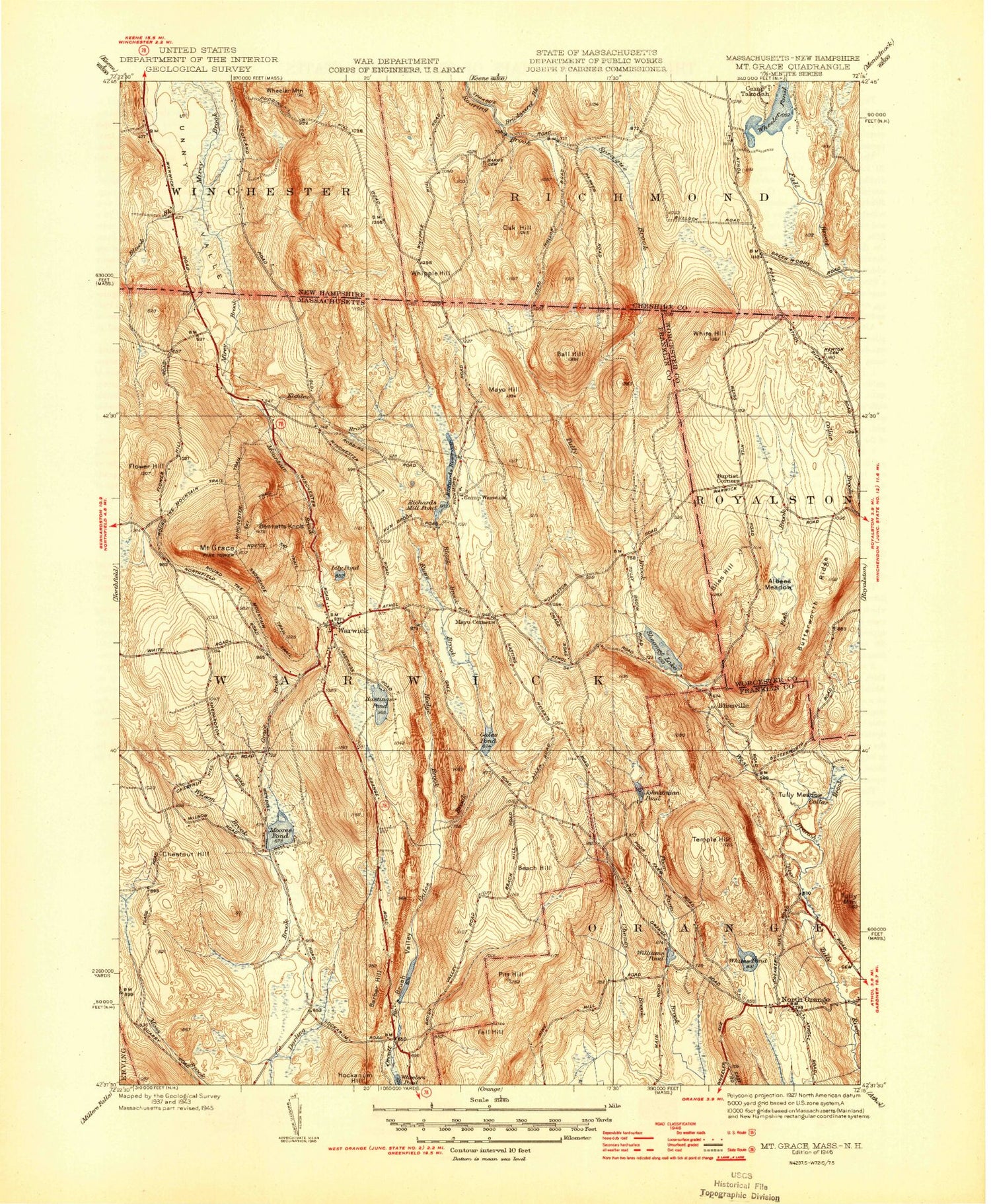 Classic USGS Mount Grace Massachusetts 7.5'x7.5' Topo Map Image