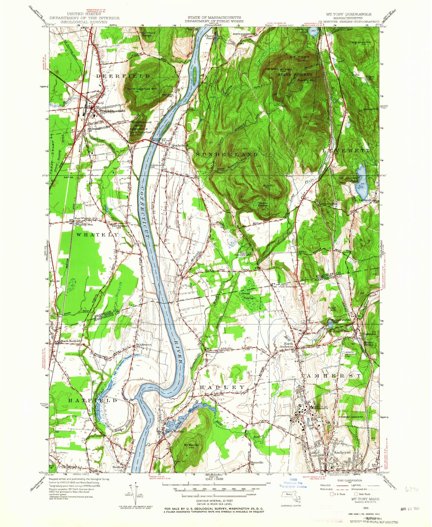 Classic USGS Mount Toby Massachusetts 7.5'x7.5' Topo Map Image