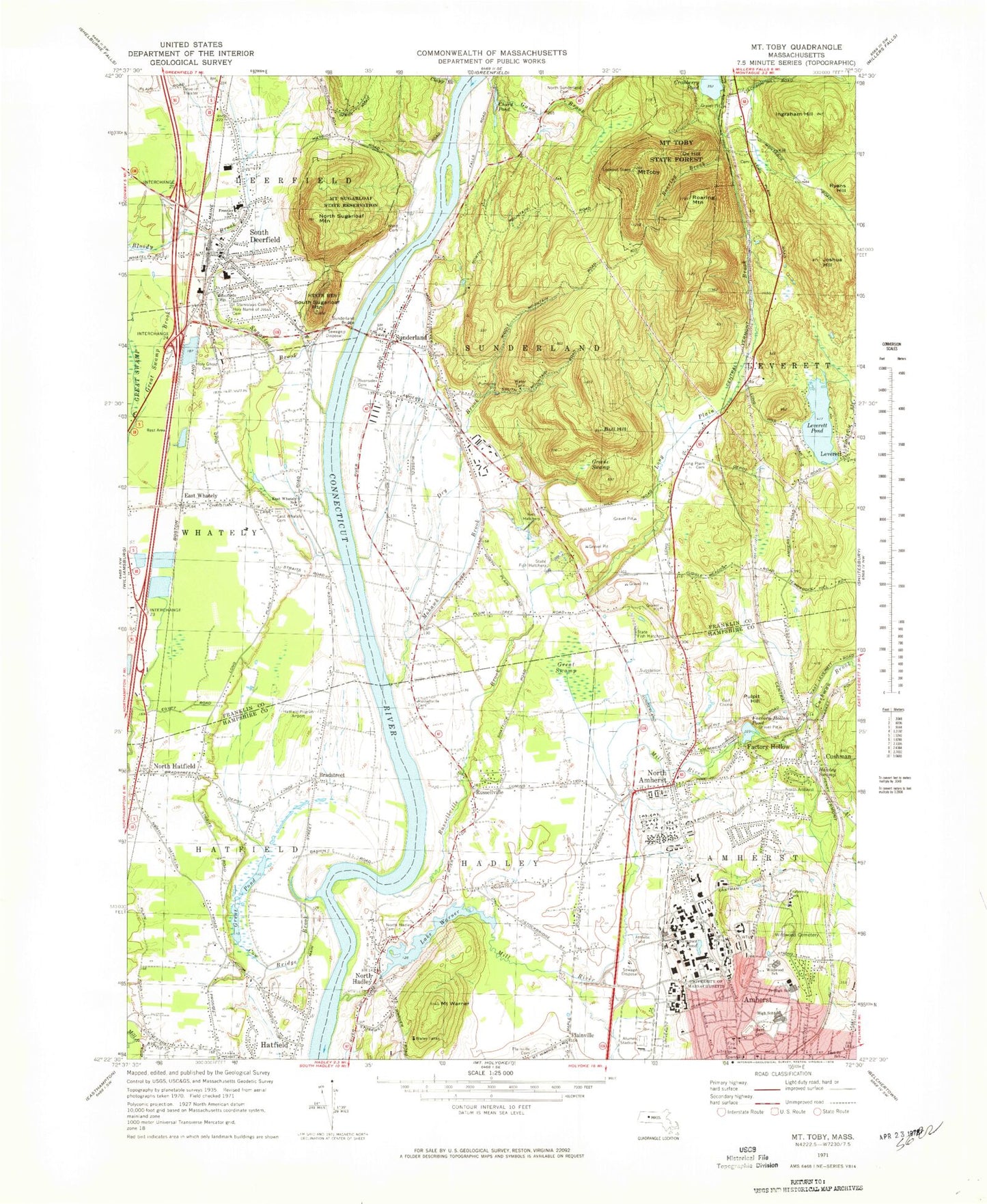 Classic USGS Mount Toby Massachusetts 7.5'x7.5' Topo Map Image