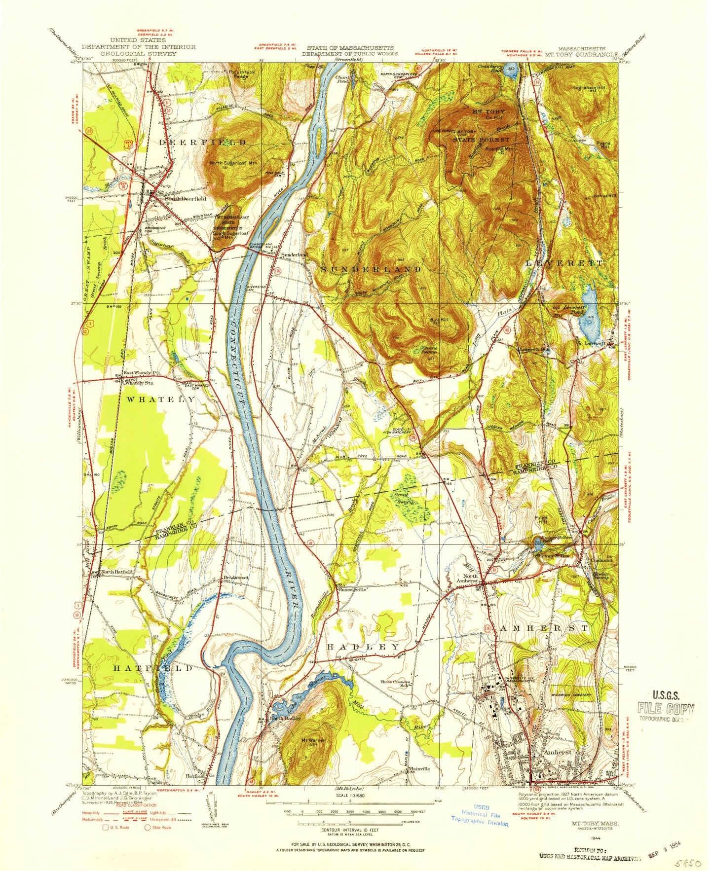 Classic USGS Mount Toby Massachusetts 7.5'x7.5' Topo Map Image