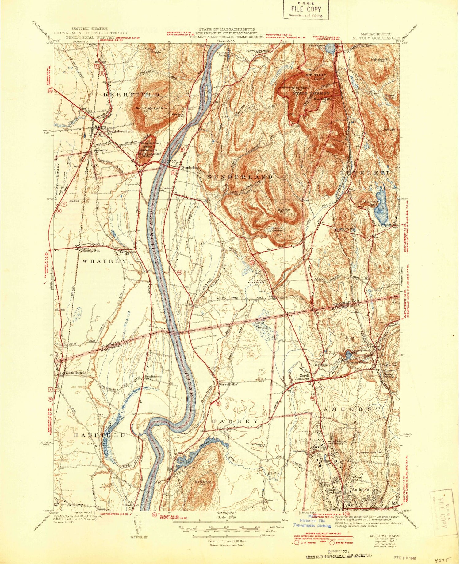 Classic USGS Mount Toby Massachusetts 7.5'x7.5' Topo Map Image