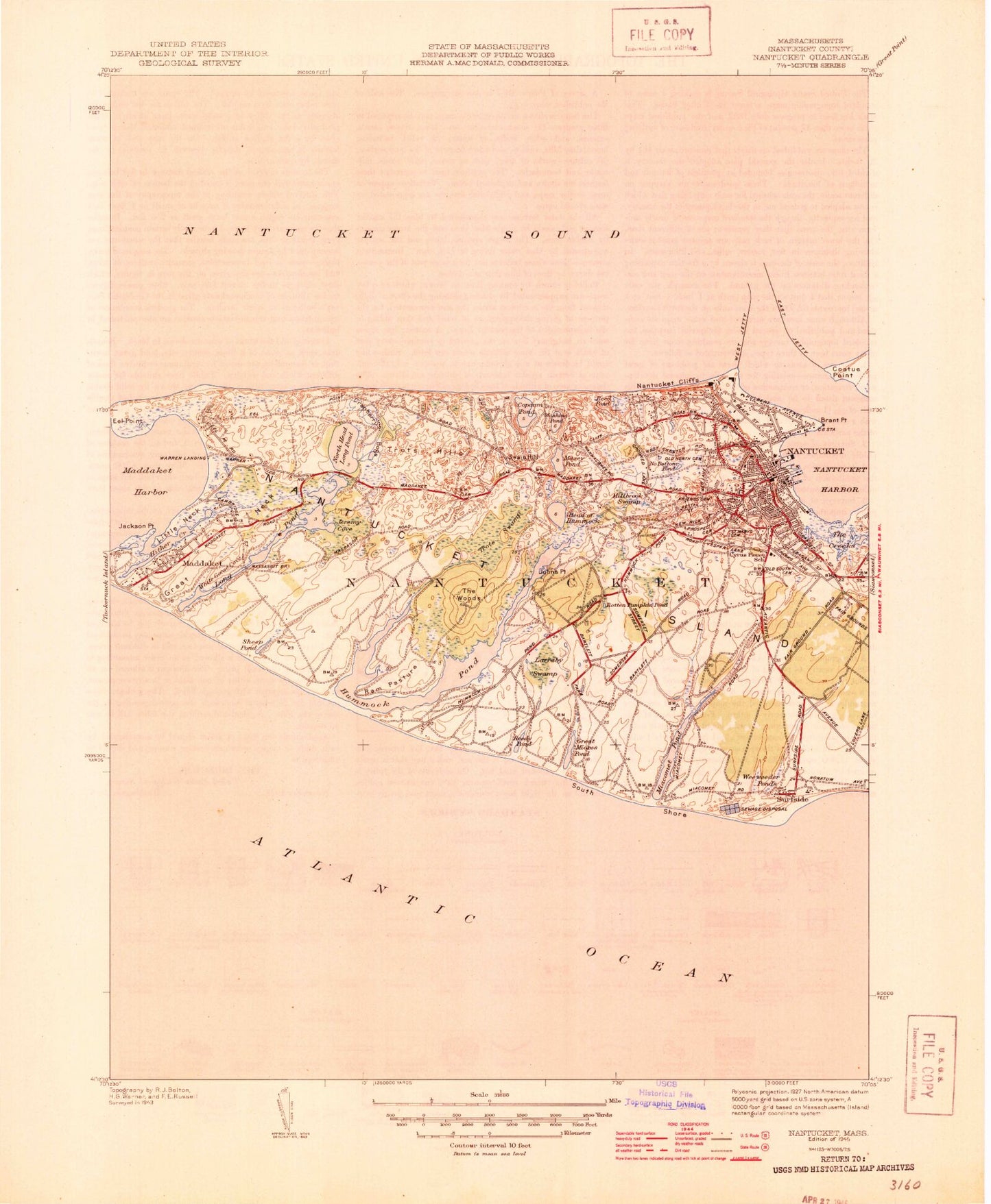 Classic USGS Nantucket Massachusetts 7.5'x7.5' Topo Map Image