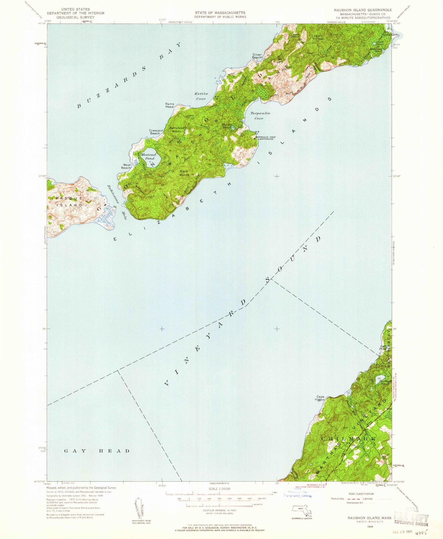 Classic USGS Naushon Island Massachusetts 7.5'x7.5' Topo Map Image
