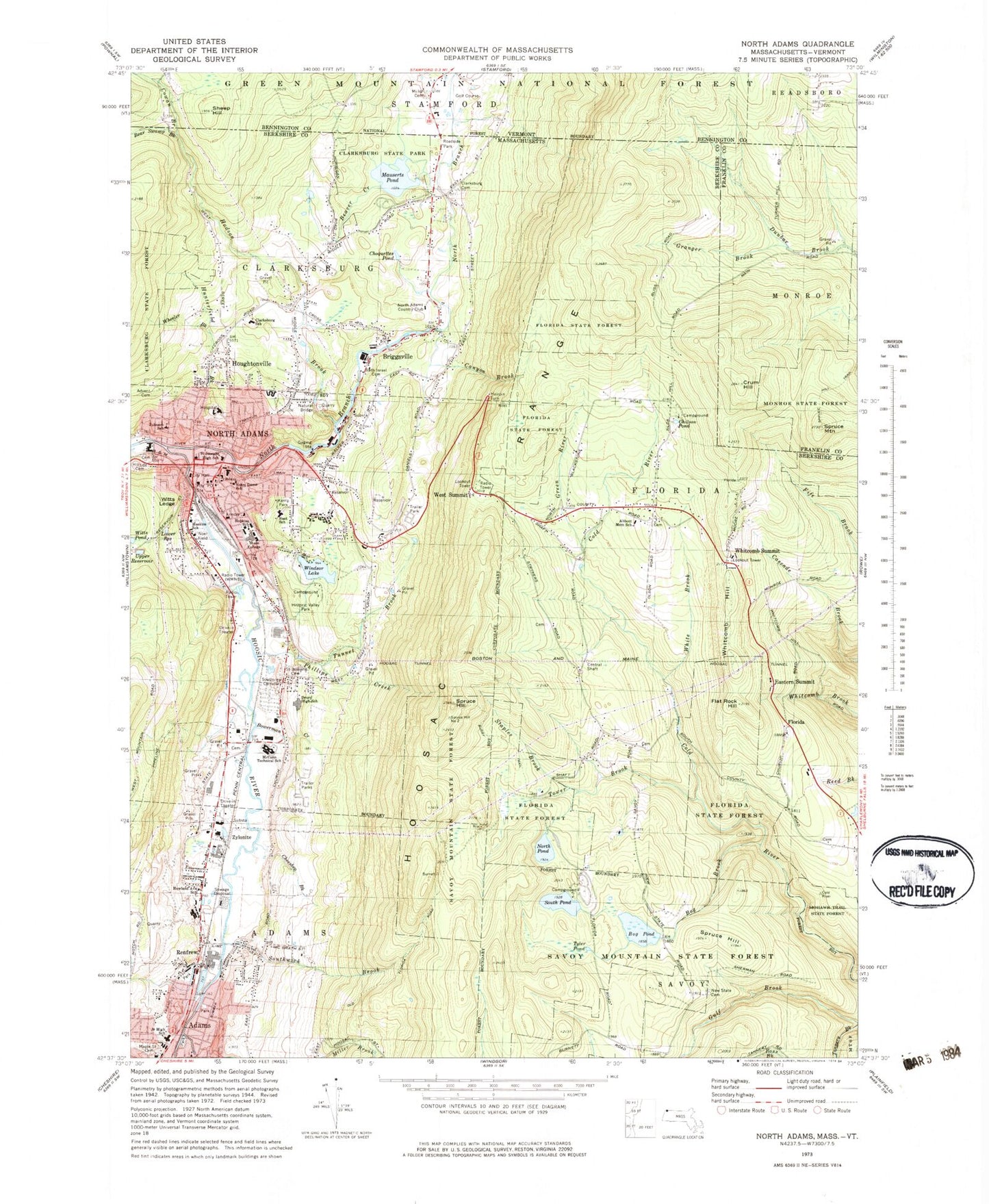 Classic USGS North Adams Massachusetts 7.5'x7.5' Topo Map Image