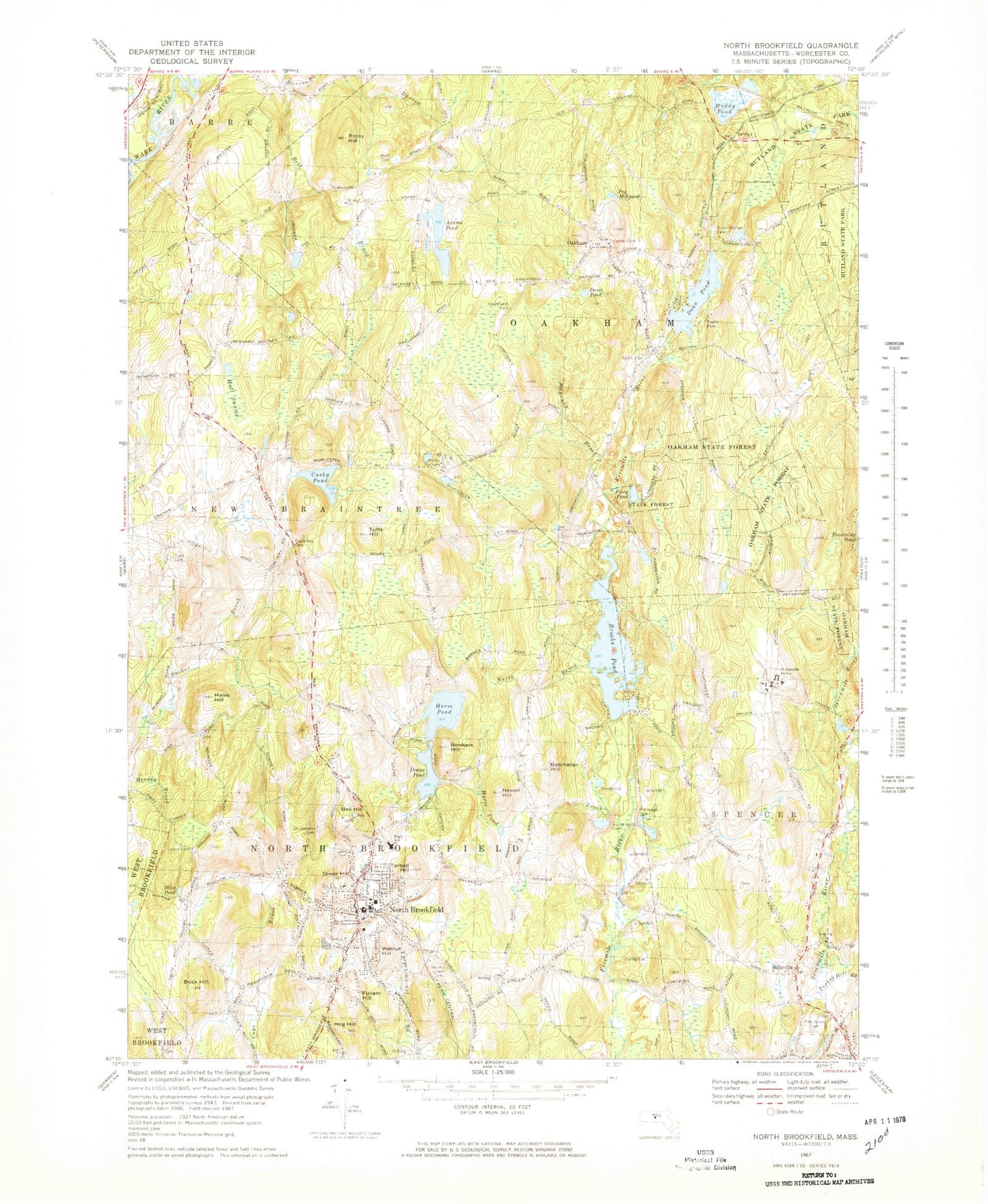 Classic USGS North Brookfield Massachusetts 7.5'x7.5' Topo Map Image