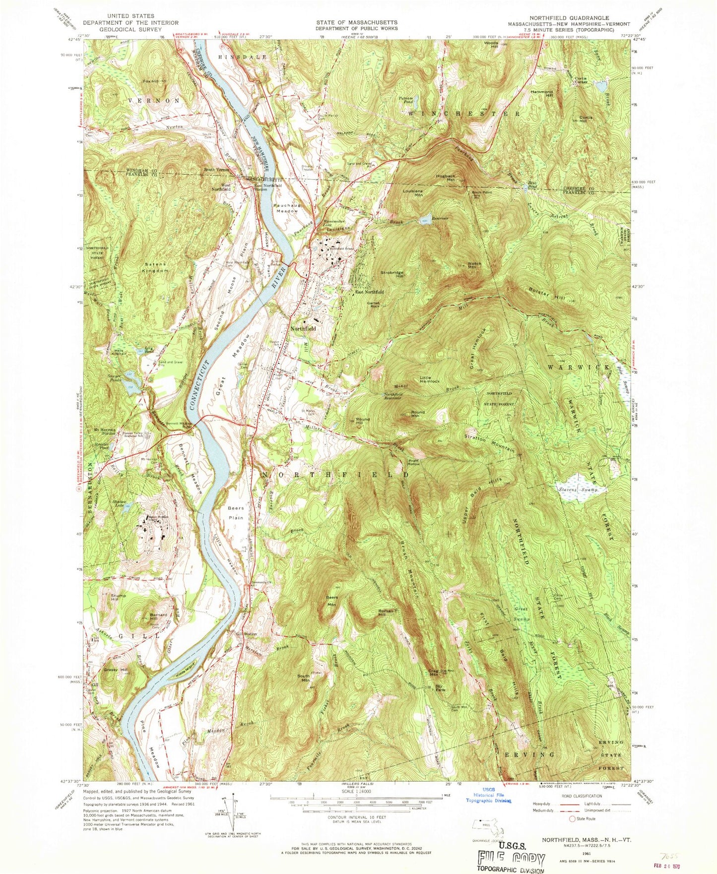 Classic USGS Northfield Massachusetts 7.5'x7.5' Topo Map Image