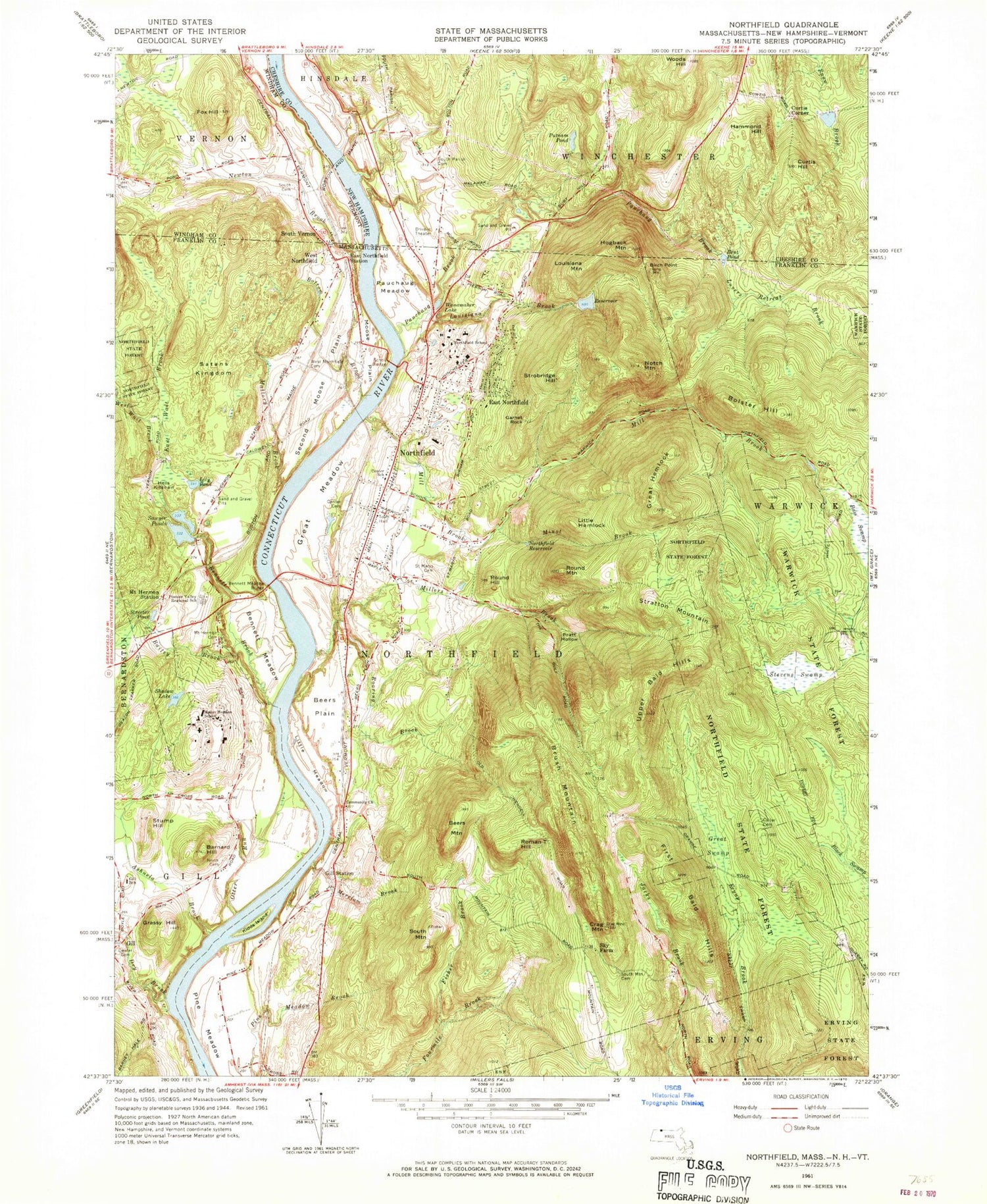 Classic USGS Northfield Massachusetts 7.5'x7.5' Topo Map Image