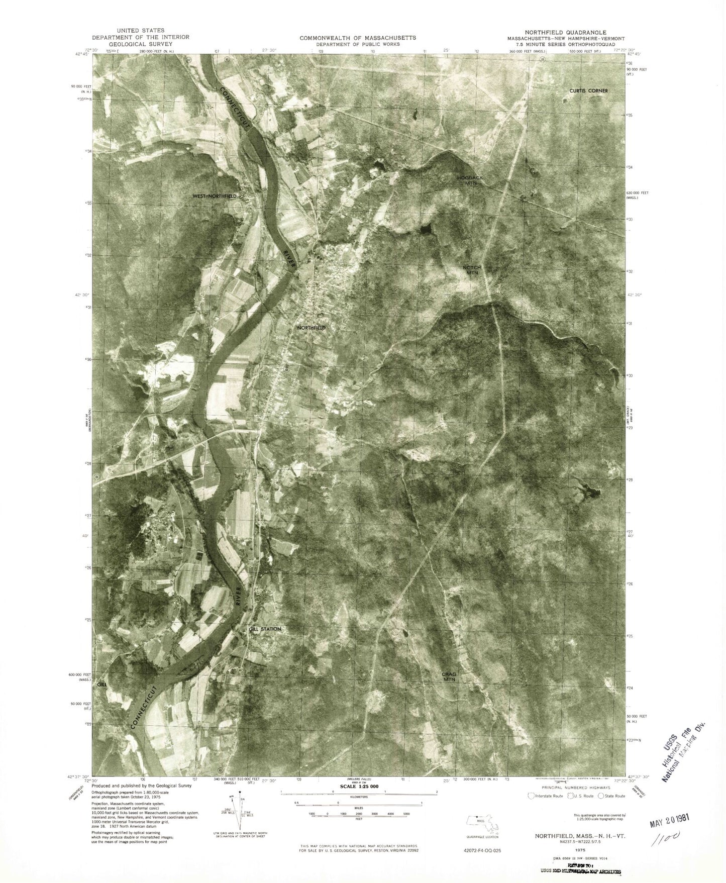 Classic USGS Northfield Massachusetts 7.5'x7.5' Topo Map Image