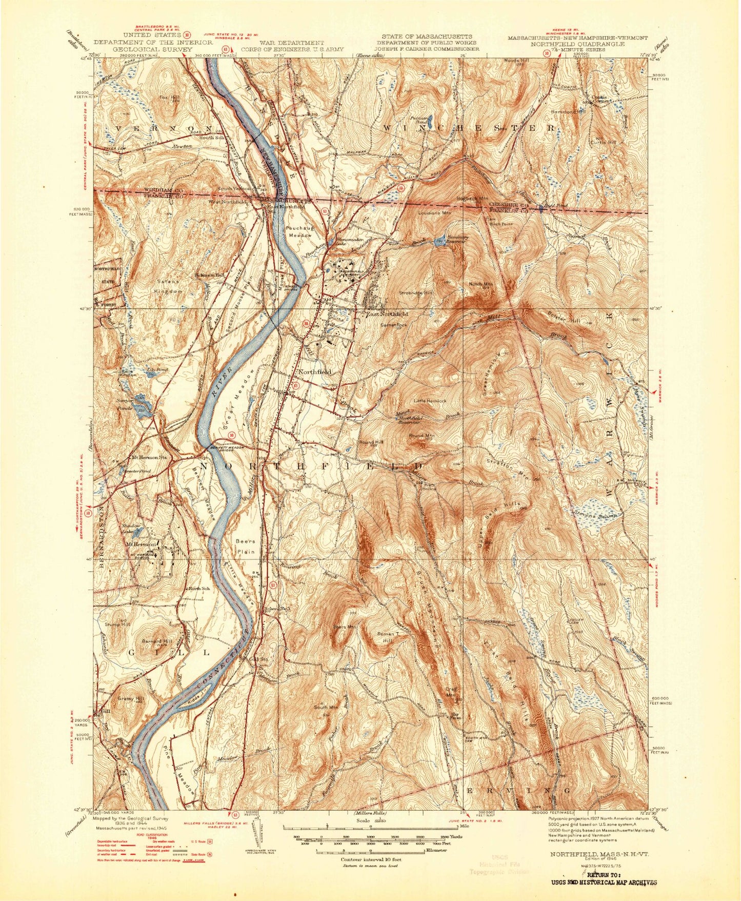 Classic USGS Northfield Massachusetts 7.5'x7.5' Topo Map Image