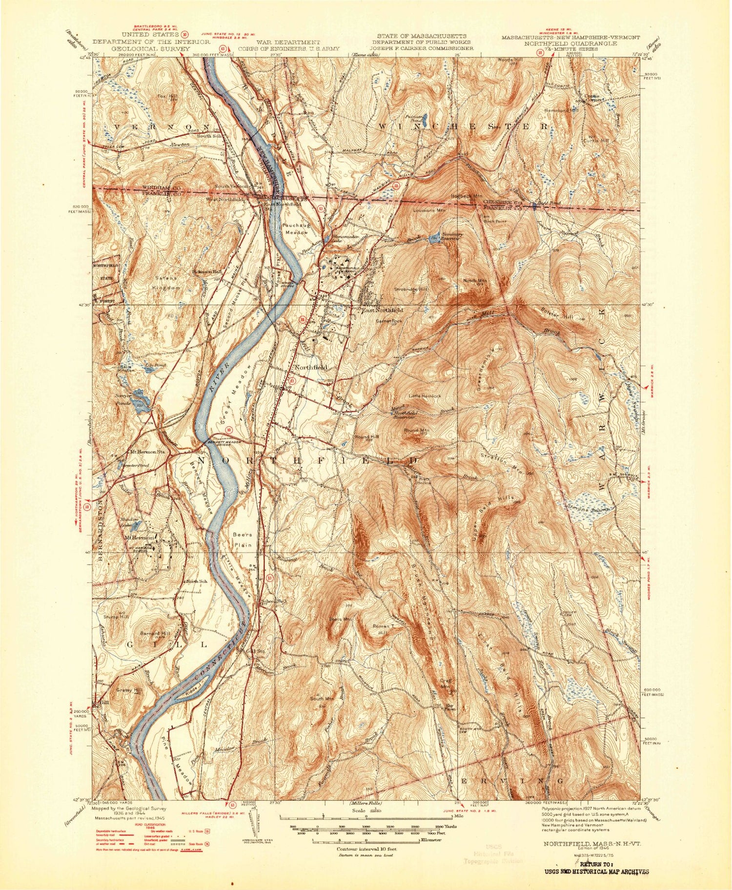 Classic USGS Northfield Massachusetts 7.5'x7.5' Topo Map Image