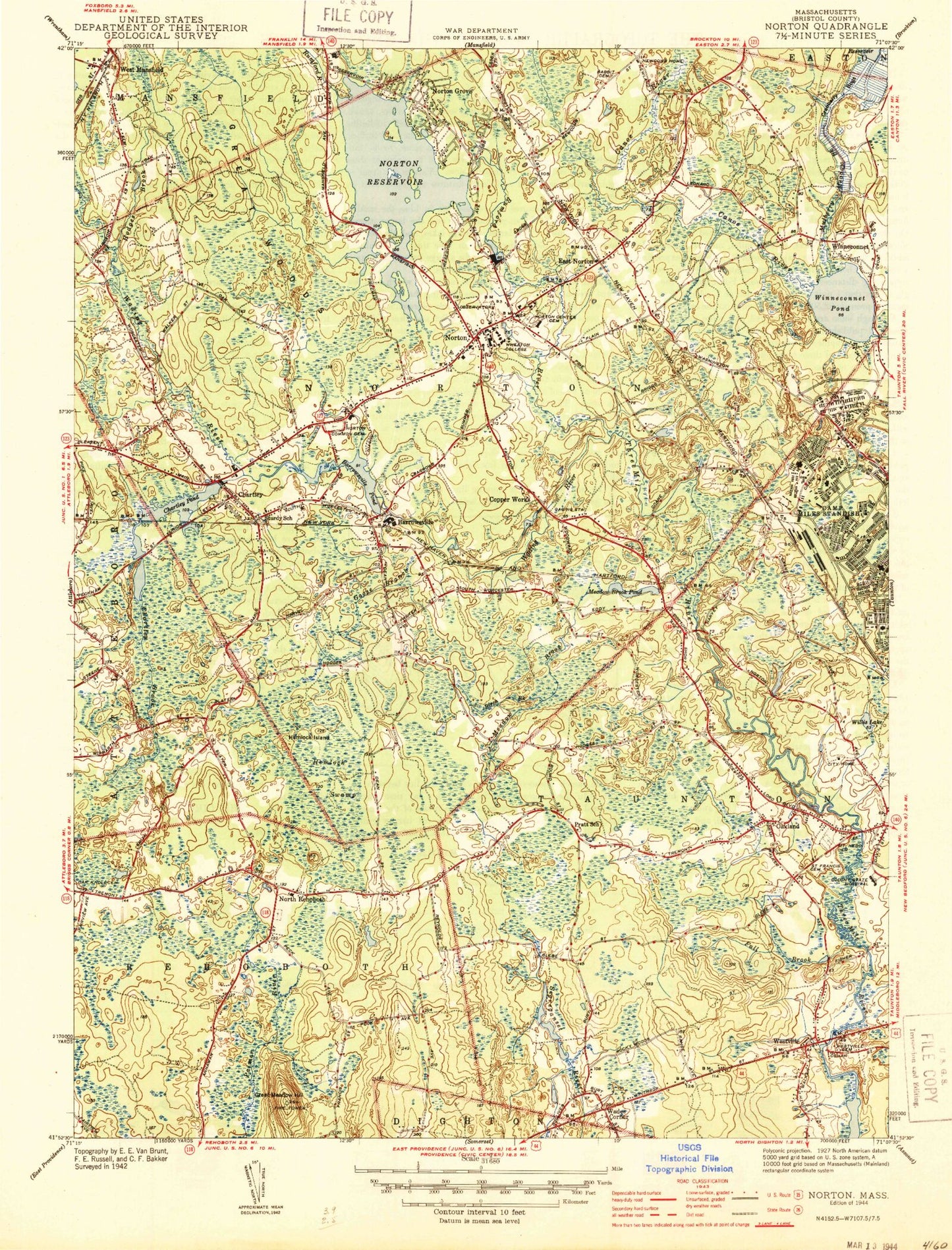 Classic USGS Norton Massachusetts 7.5'x7.5' Topo Map Image