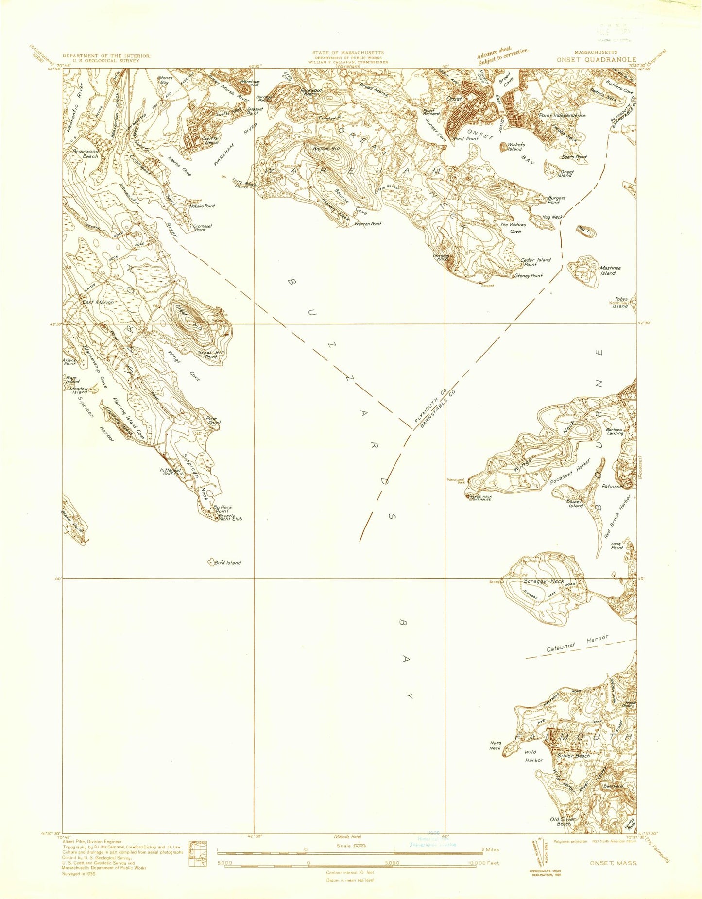 Classic USGS Onset Massachusetts 7.5'x7.5' Topo Map Image
