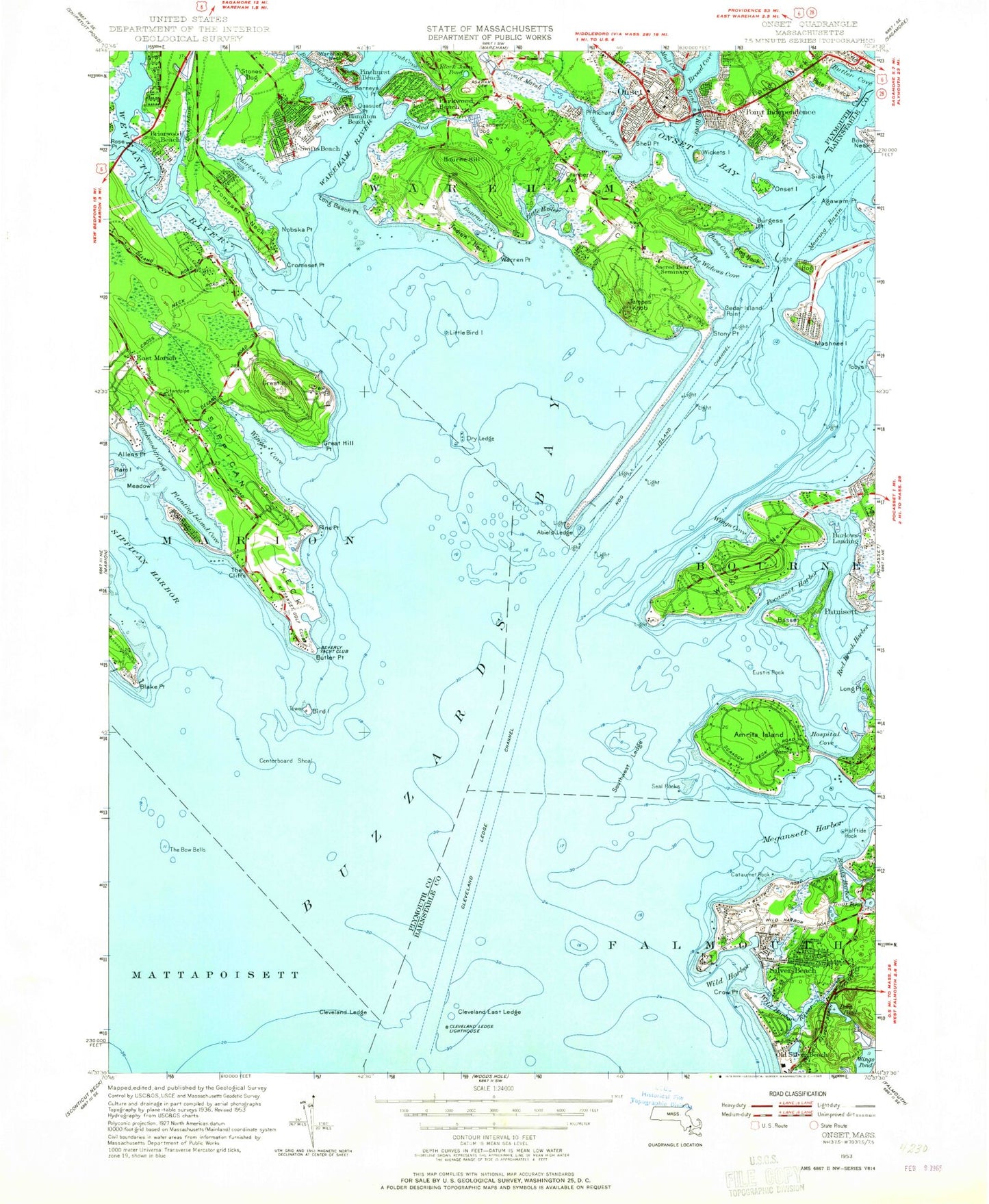 Classic USGS Onset Massachusetts 7.5'x7.5' Topo Map Image