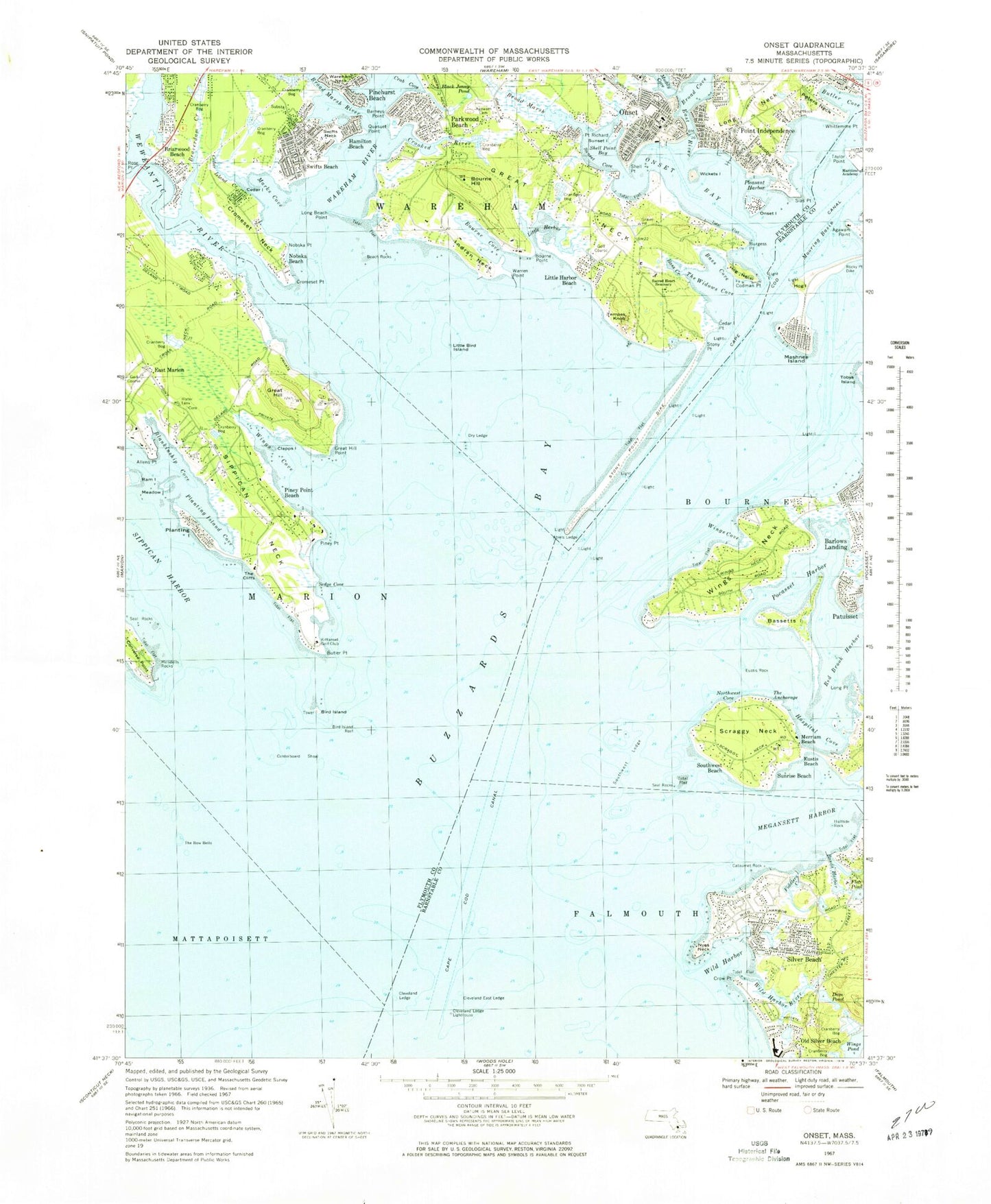 Classic USGS Onset Massachusetts 7.5'x7.5' Topo Map Image