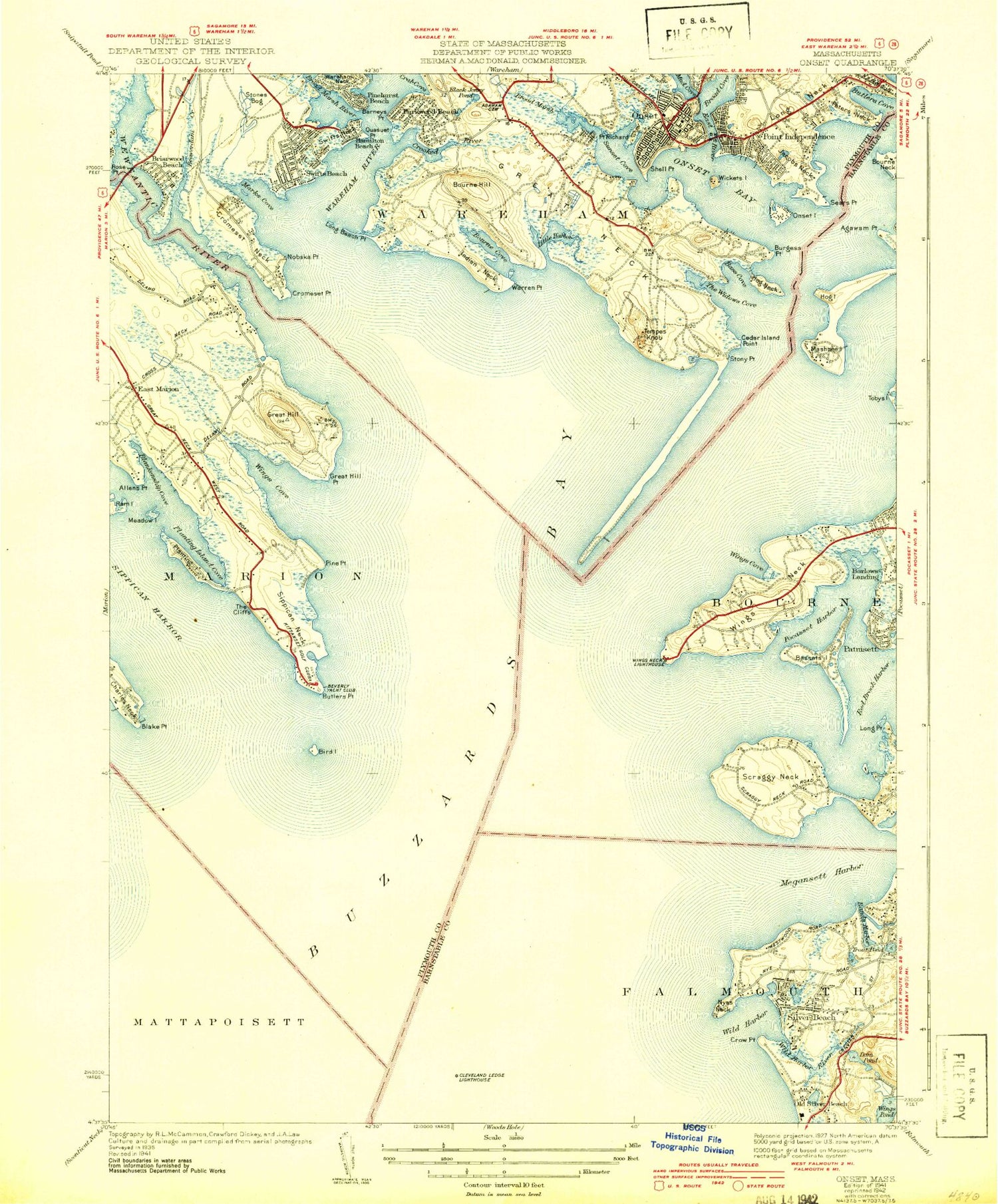 Classic USGS Onset Massachusetts 7.5'x7.5' Topo Map Image