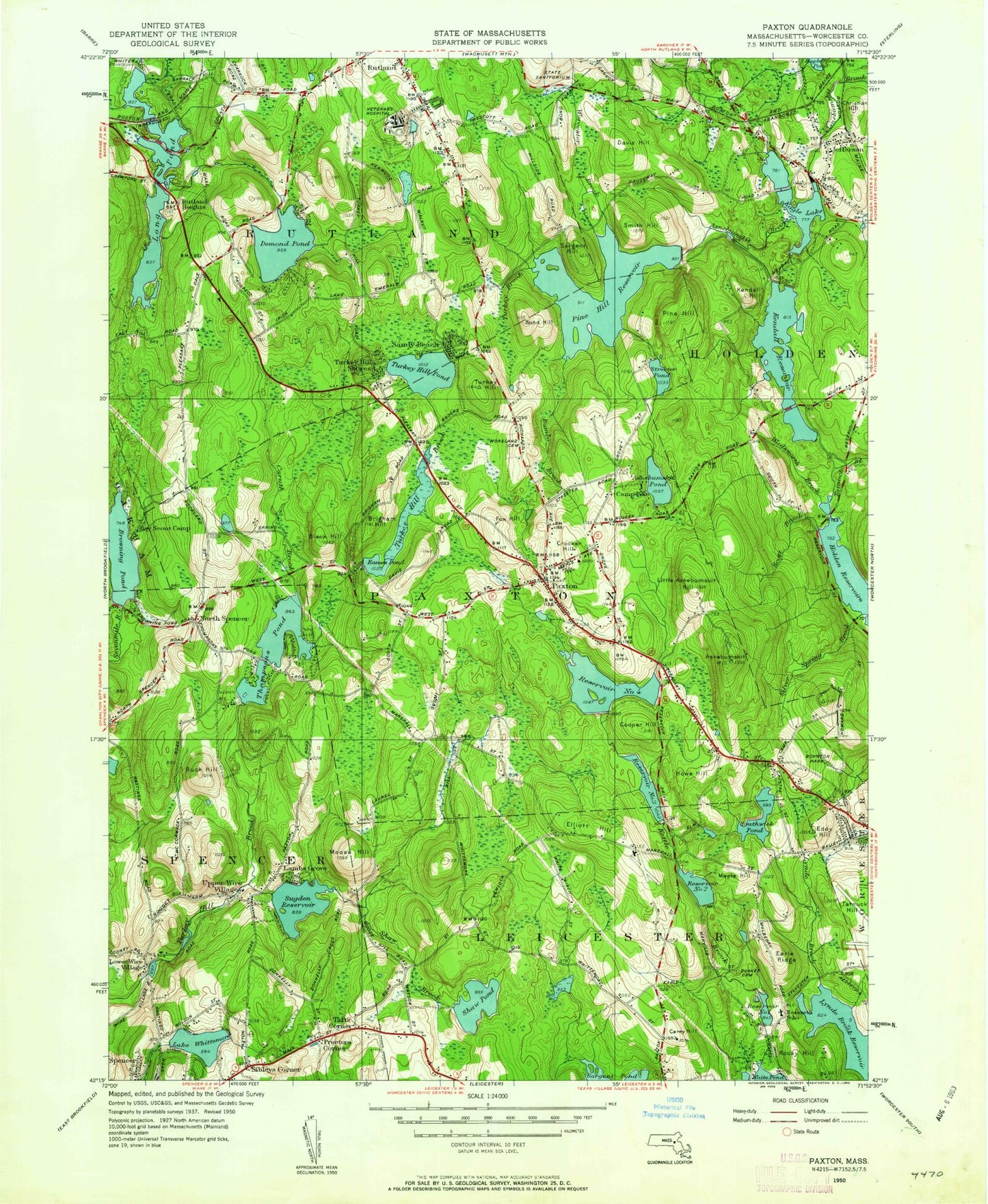 Classic USGS Paxton Massachusetts 7.5'x7.5' Topo Map Image