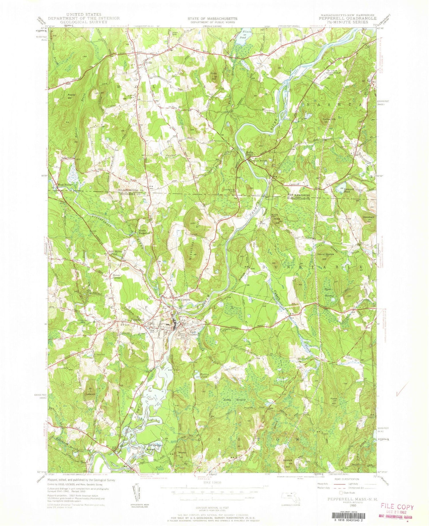 Classic USGS Pepperell Massachusetts 7.5'x7.5' Topo Map Image