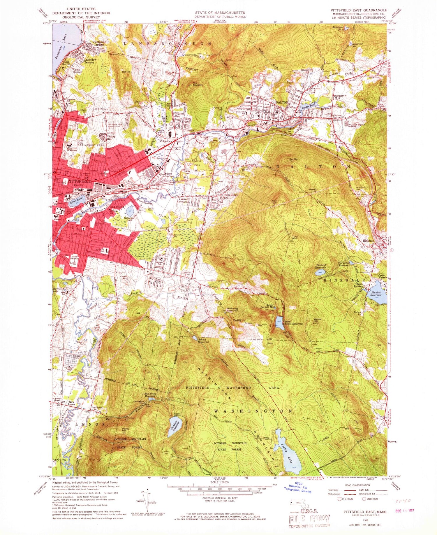 Classic USGS Pittsfield East Massachusetts 7.5'x7.5' Topo Map Image