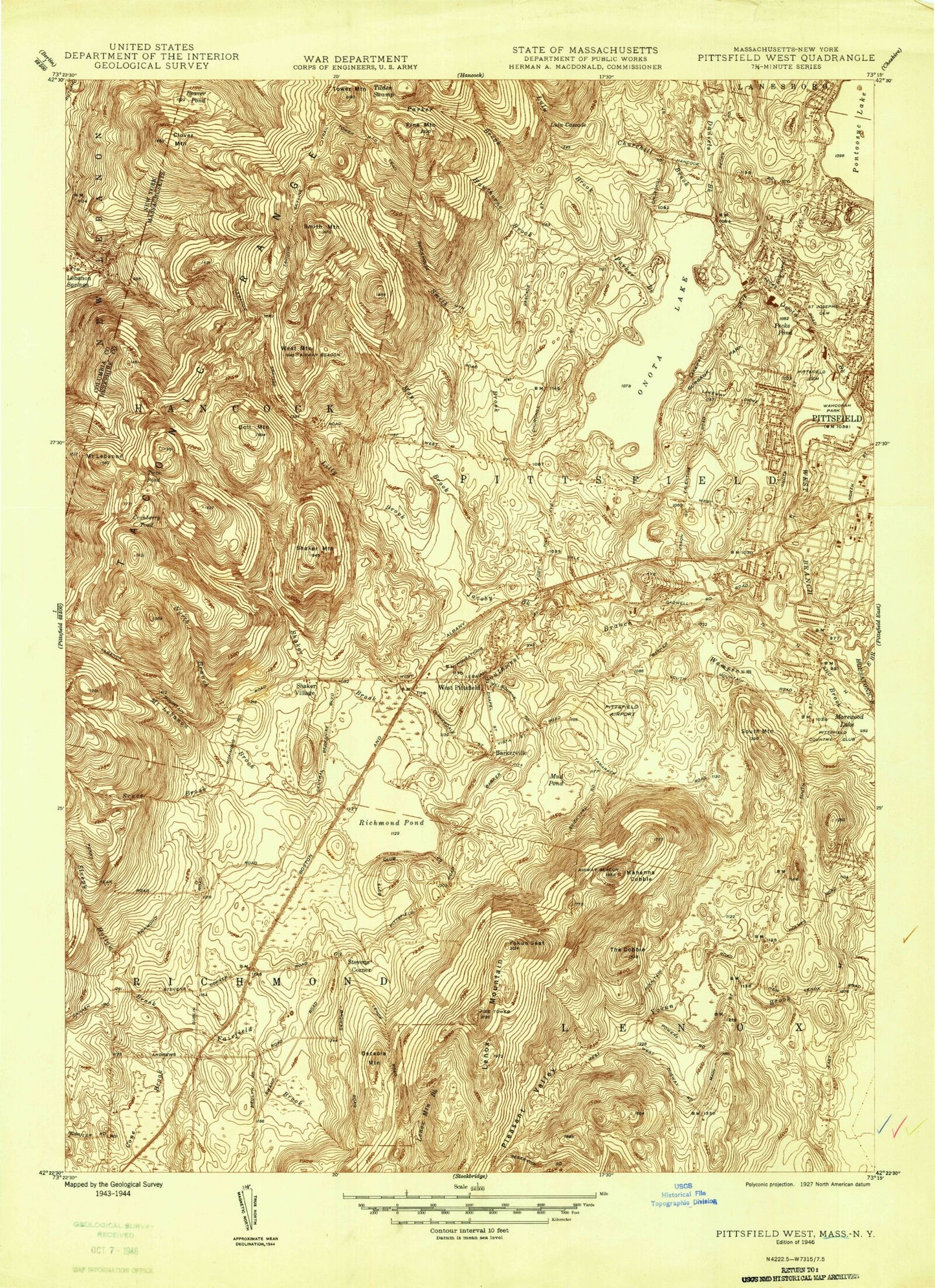 Classic USGS Pittsfield West Massachusetts 7.5'x7.5' Topo Map Image