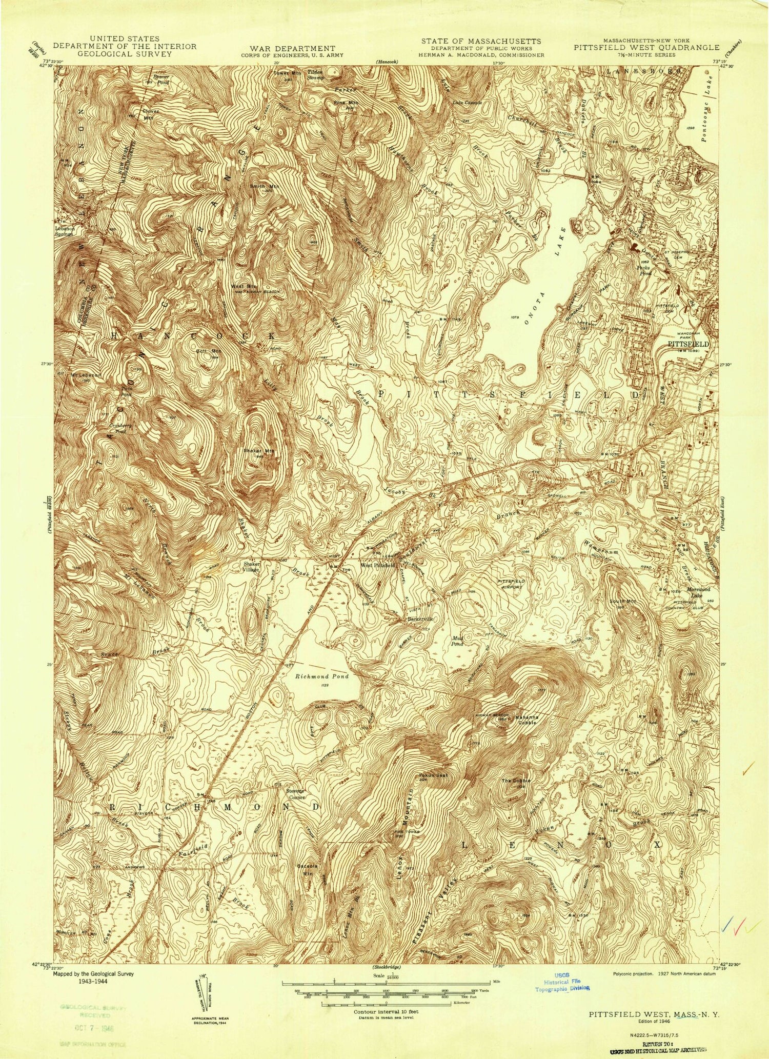 Classic USGS Pittsfield West Massachusetts 7.5'x7.5' Topo Map Image