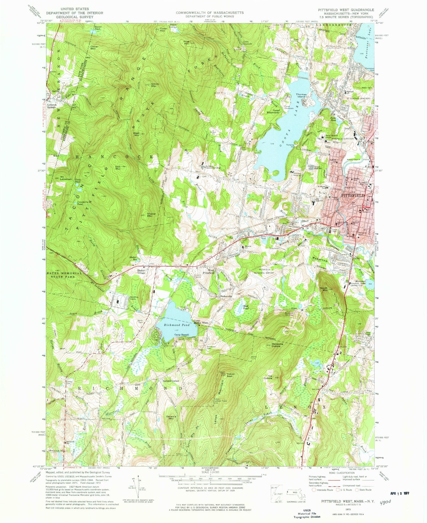 Classic USGS Pittsfield West Massachusetts 7.5'x7.5' Topo Map Image