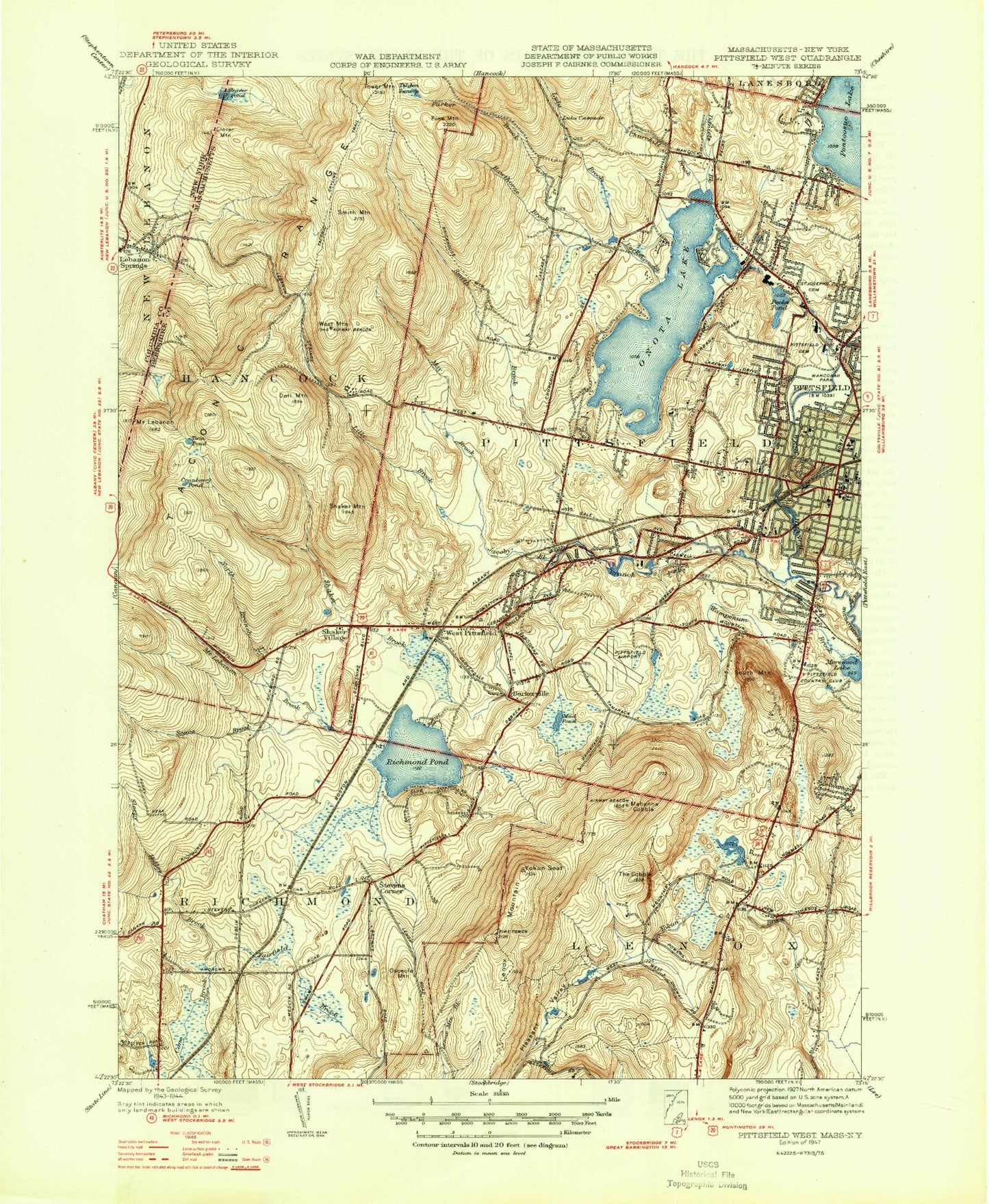 Classic USGS Pittsfield West Massachusetts 7.5'x7.5' Topo Map Image
