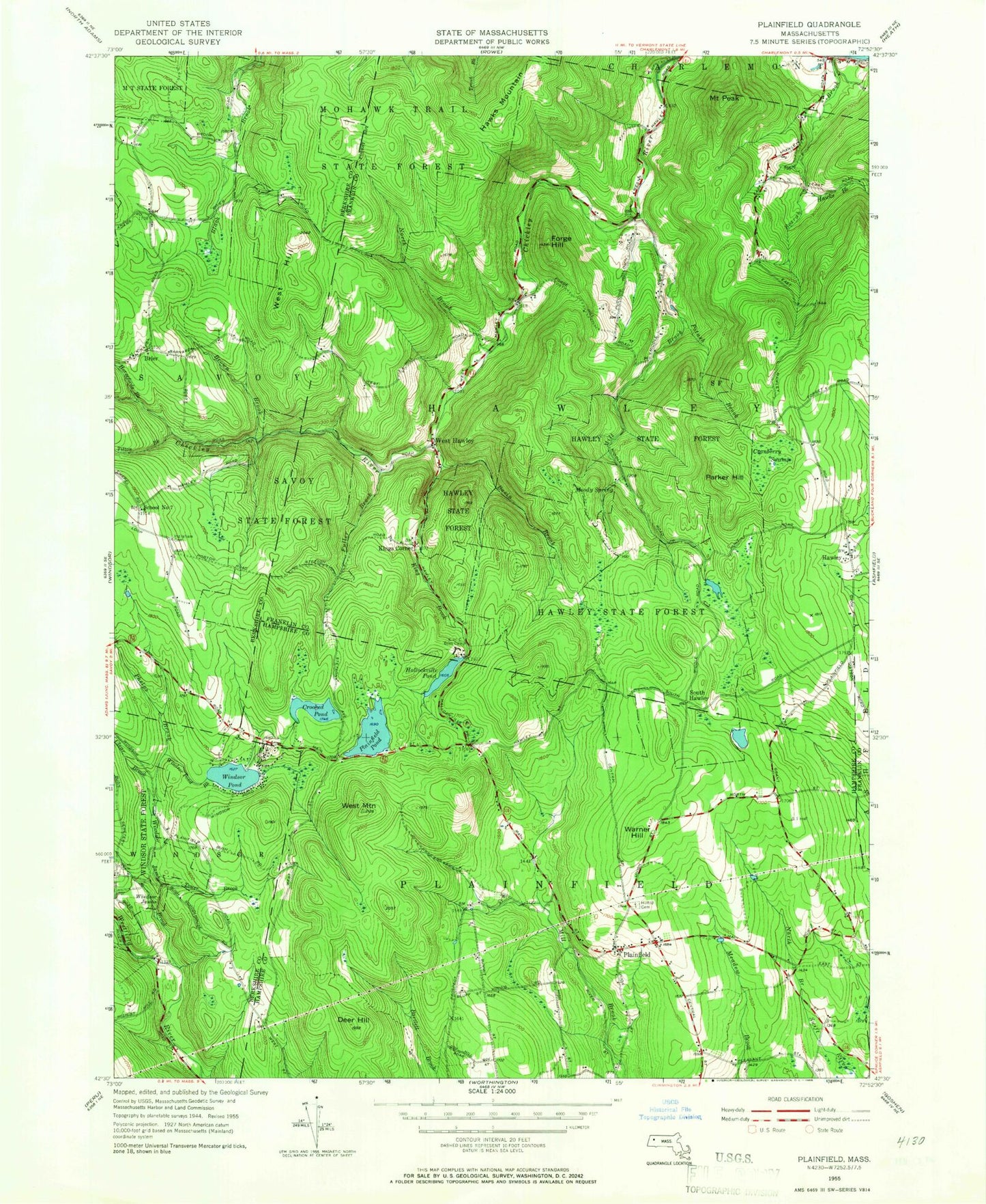 Classic USGS Plainfield Massachusetts 7.5'x7.5' Topo Map Image
