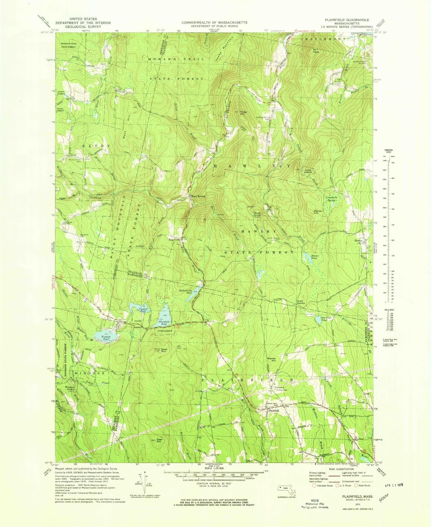 Classic USGS Plainfield Massachusetts 7.5'x7.5' Topo Map Image