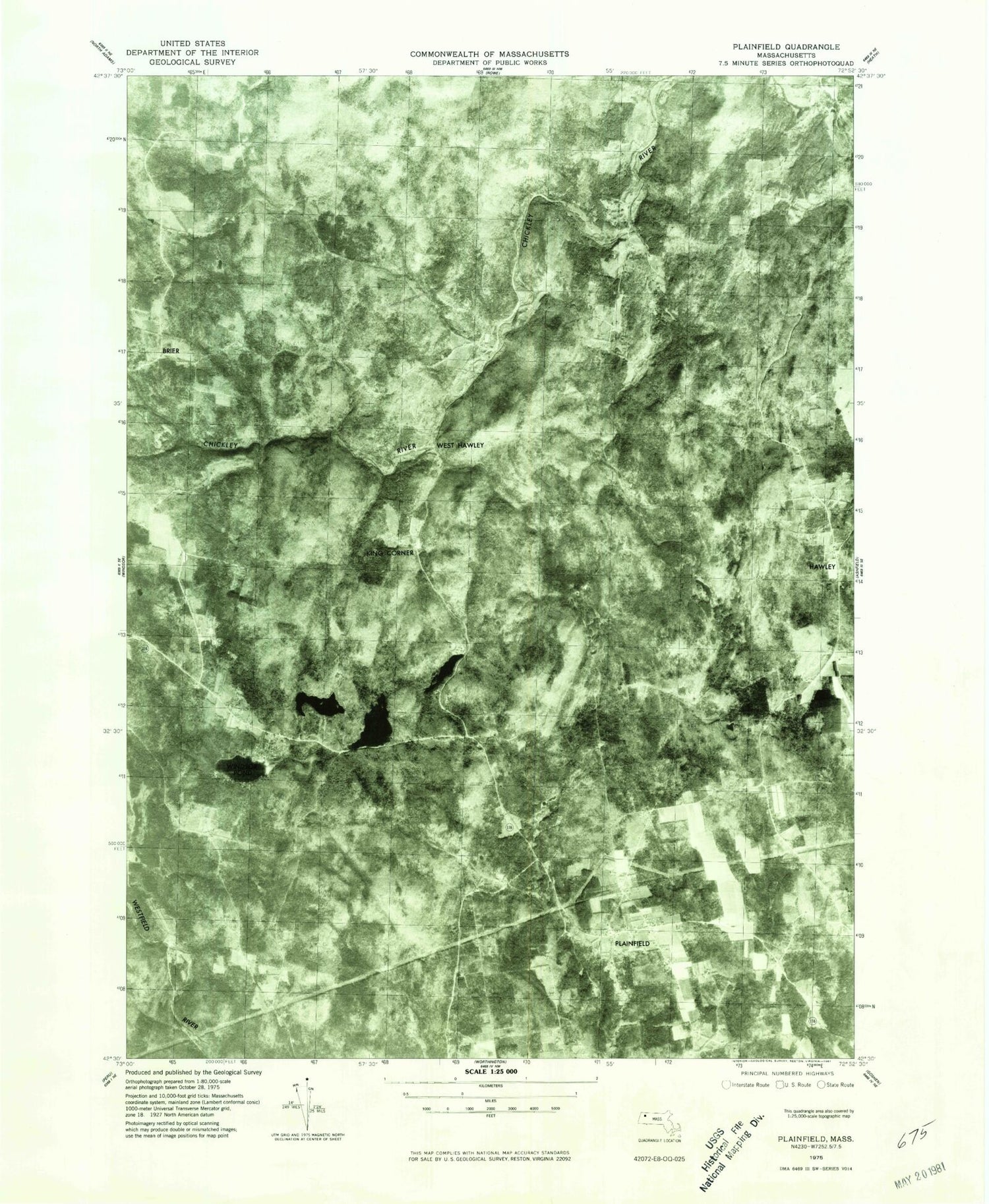Classic USGS Plainfield Massachusetts 7.5'x7.5' Topo Map Image