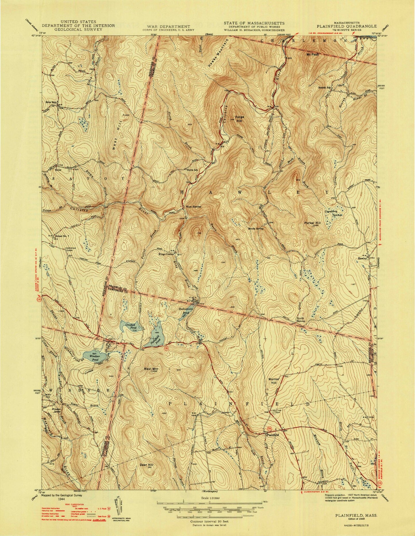 Classic USGS Plainfield Massachusetts 7.5'x7.5' Topo Map Image