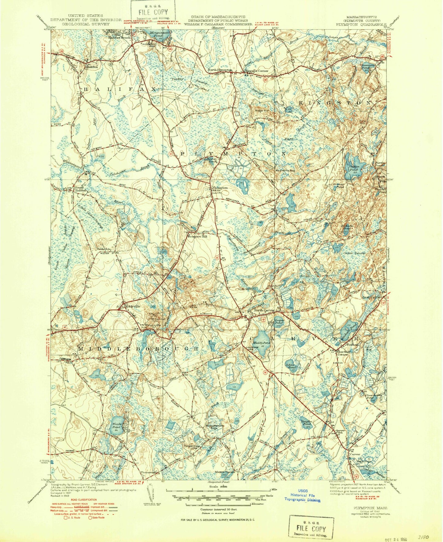 Classic USGS Plympton Massachusetts 7.5'x7.5' Topo Map Image