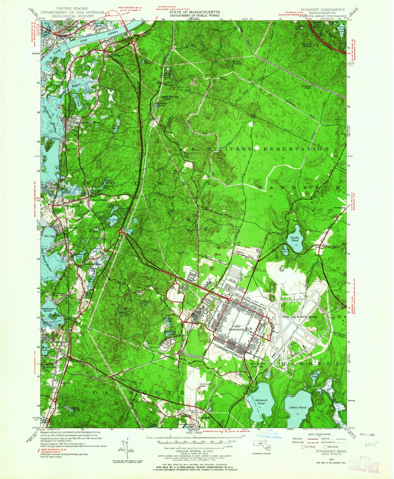 Classic USGS Pocasset Massachusetts 7.5'x7.5' Topo Map Image