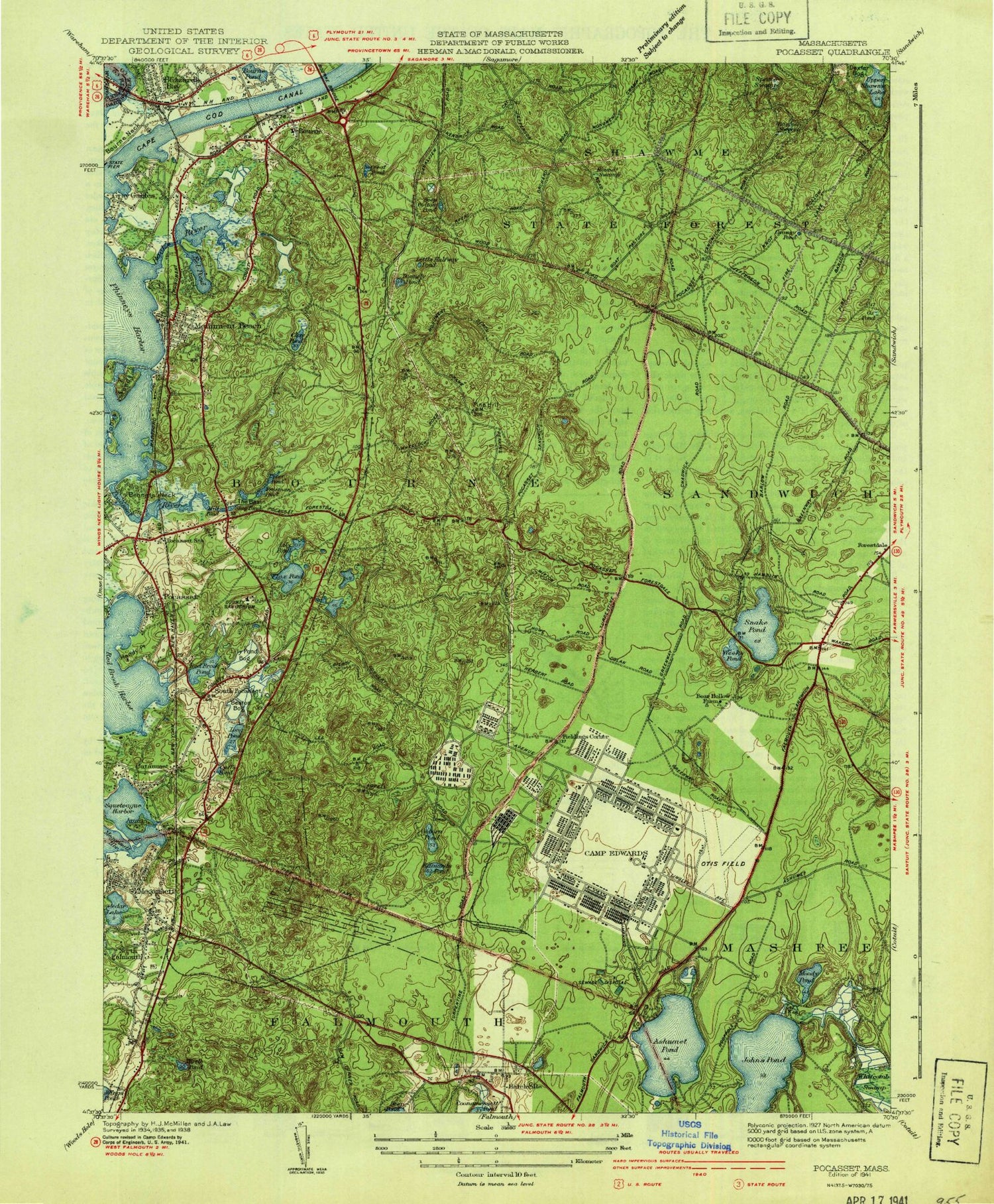 Classic USGS Pocasset Massachusetts 7.5'x7.5' Topo Map Image