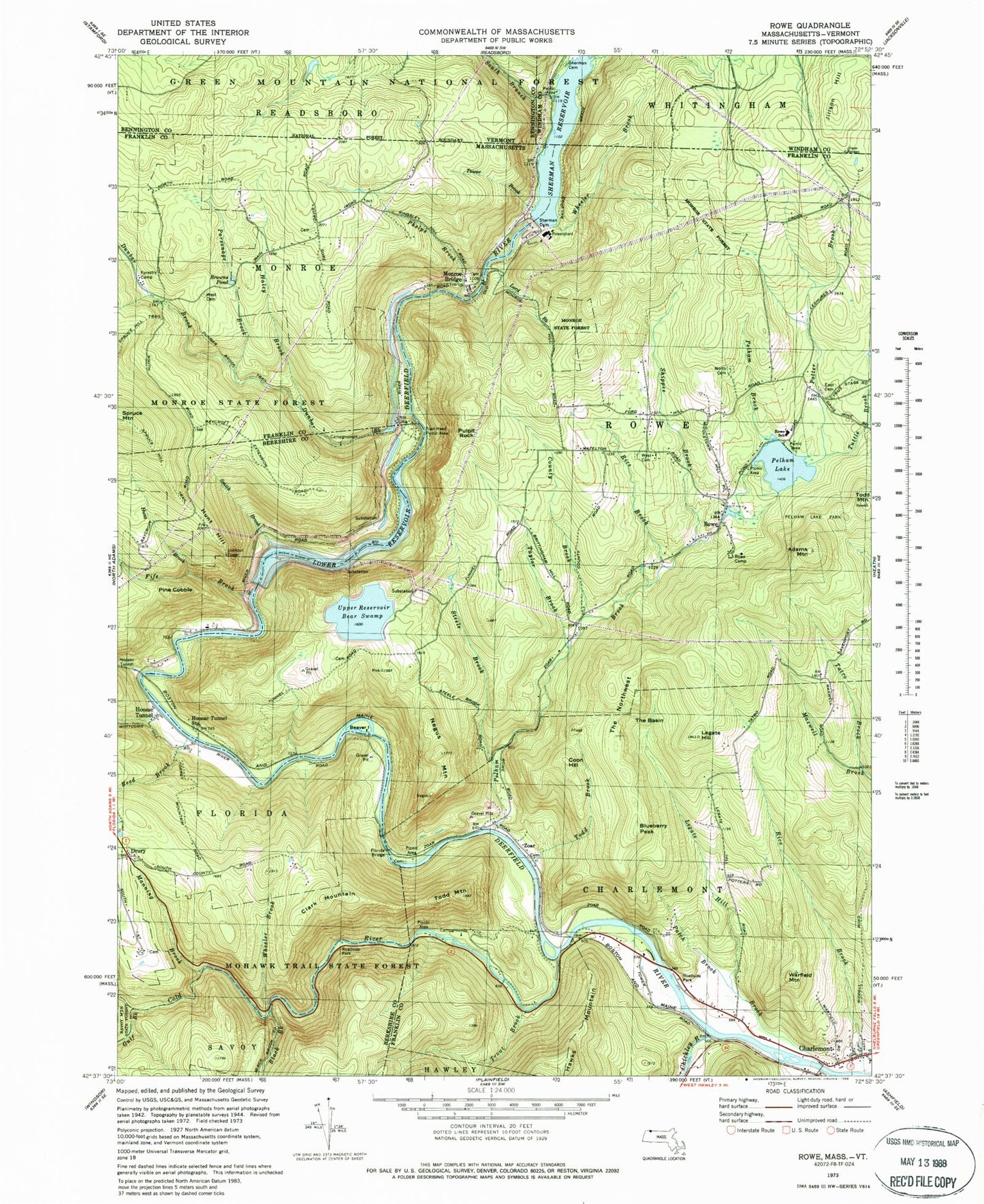 Classic USGS Rowe Massachusetts 7.5'x7.5' Topo Map Image