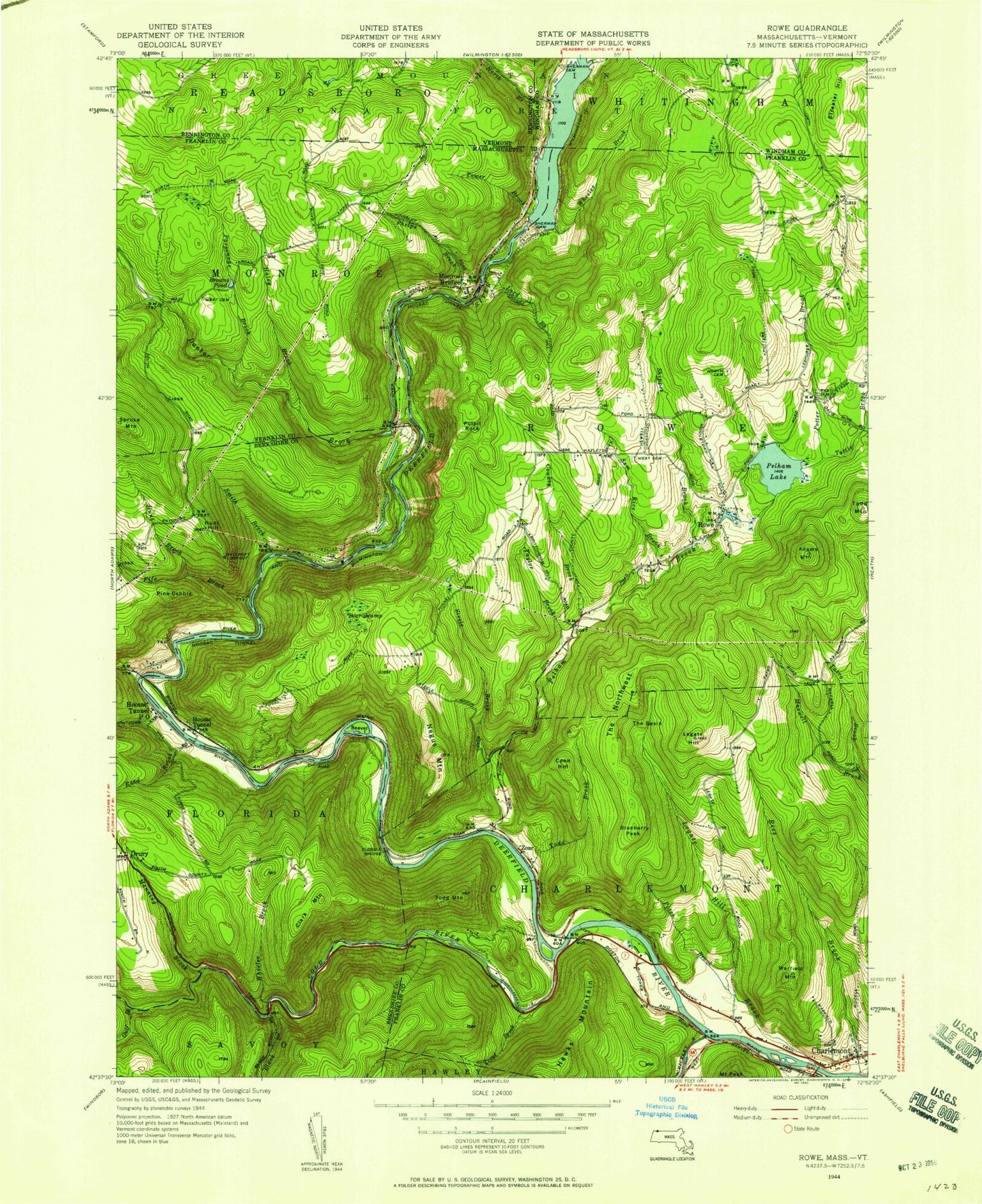 Classic USGS Rowe Massachusetts 7.5'x7.5' Topo Map Image