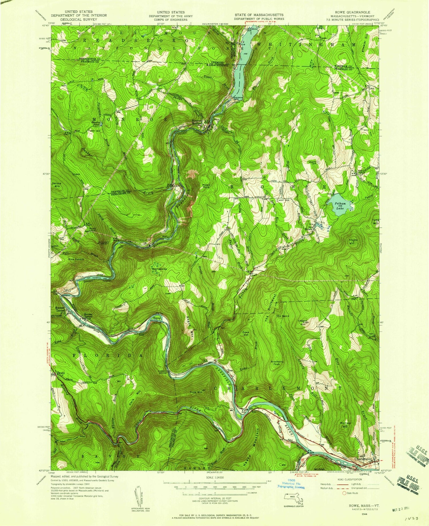 Classic USGS Rowe Massachusetts 7.5'x7.5' Topo Map Image