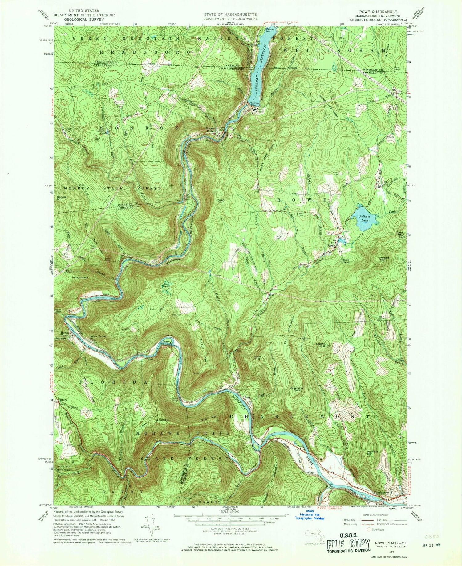 Classic USGS Rowe Massachusetts 7.5'x7.5' Topo Map Image