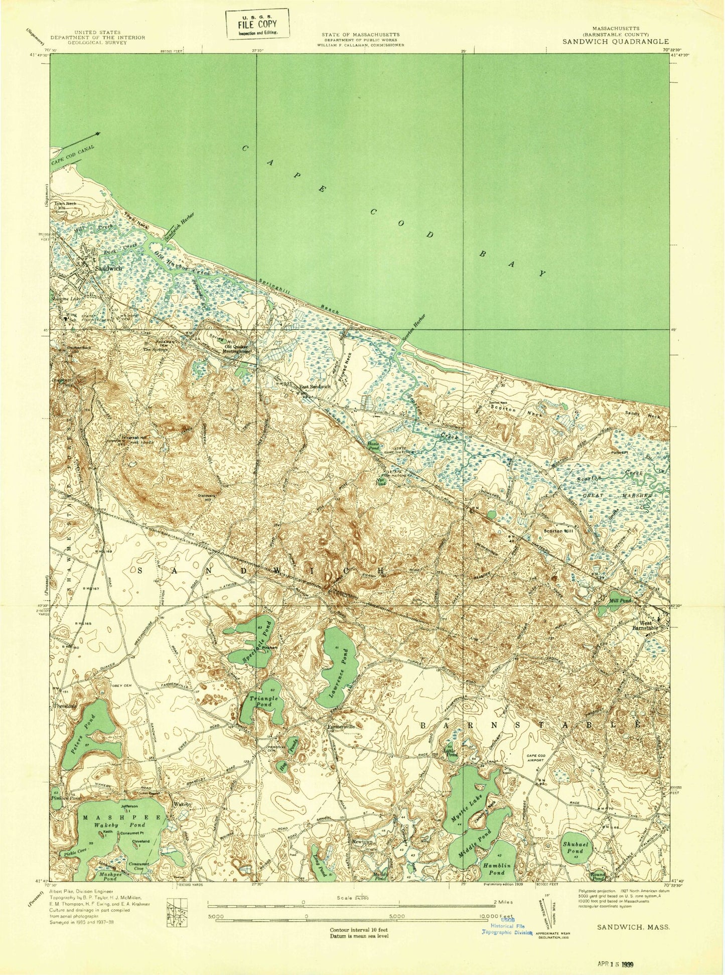 Classic USGS Sandwich Massachusetts 7.5'x7.5' Topo Map Image
