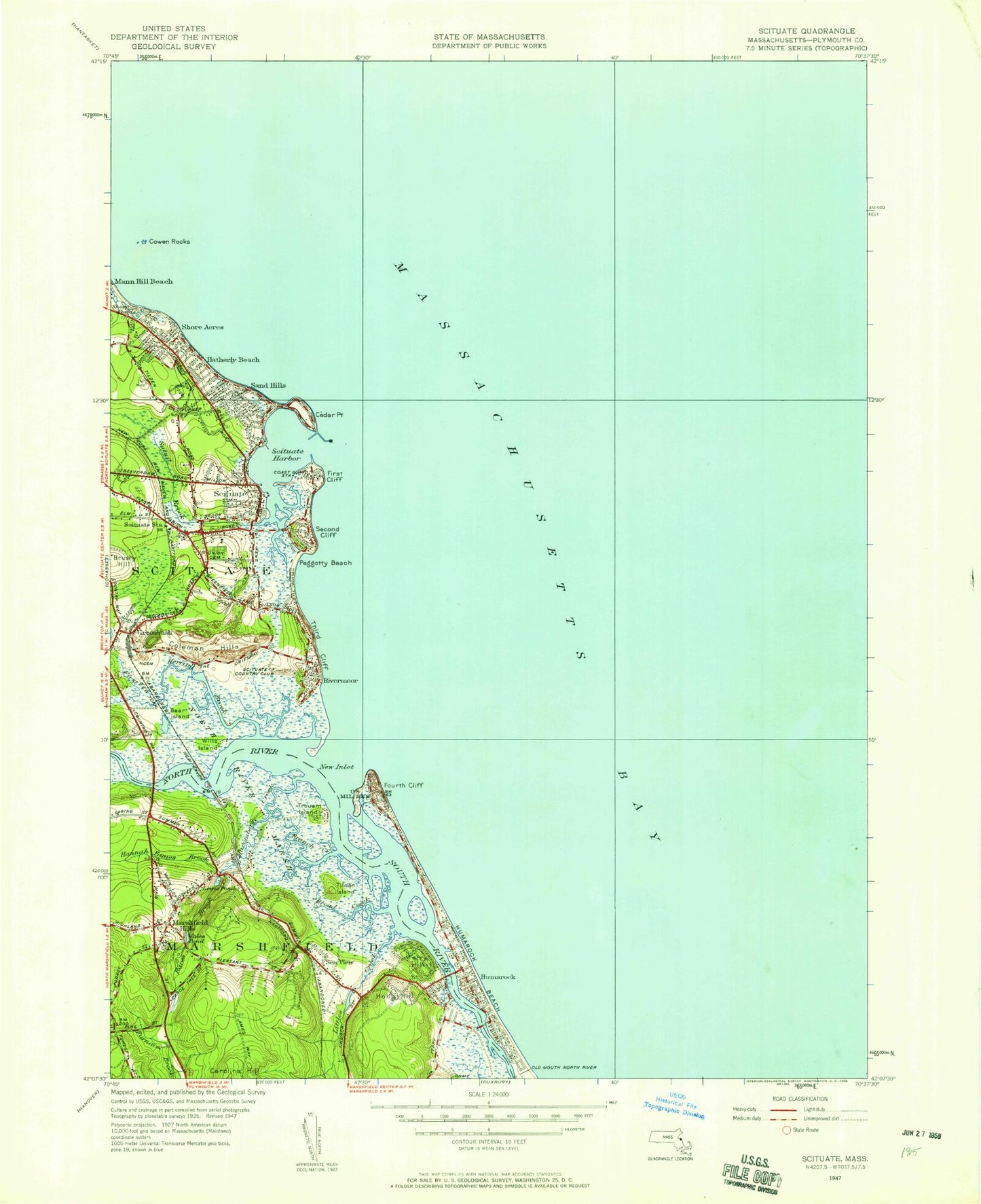 Classic USGS Scituate Massachusetts 7.5'x7.5' Topo Map Image