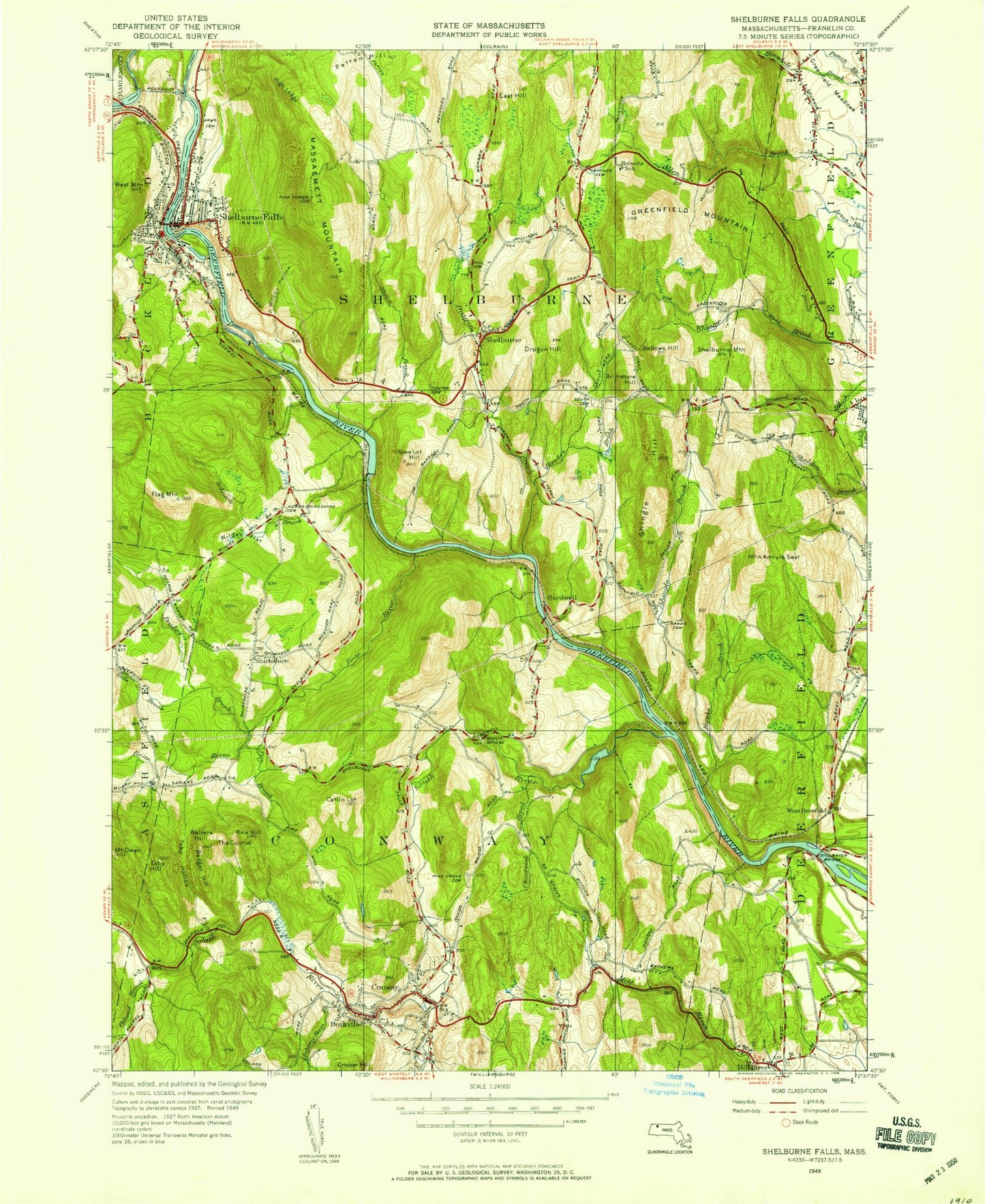 Classic USGS Shelburne Falls Massachusetts 7.5'x7.5' Topo Map Image