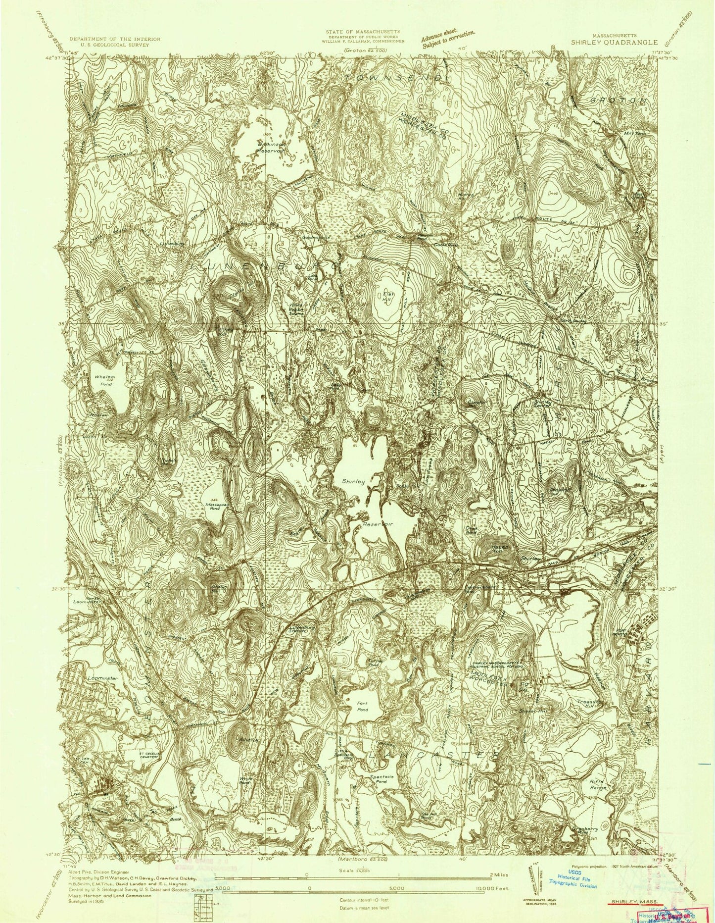 Classic USGS Shirley Massachusetts 7.5'x7.5' Topo Map Image