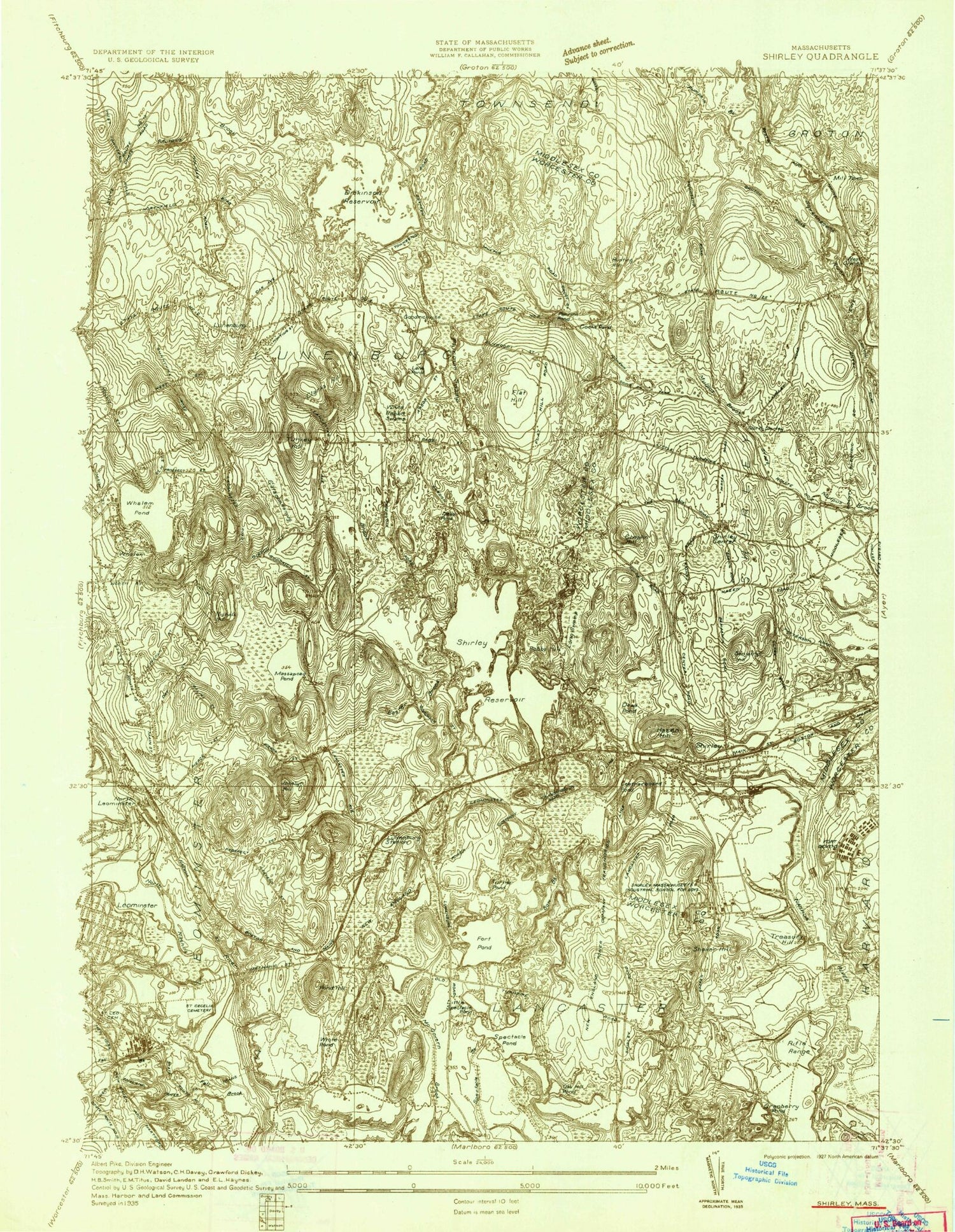 Classic USGS Shirley Massachusetts 7.5'x7.5' Topo Map Image