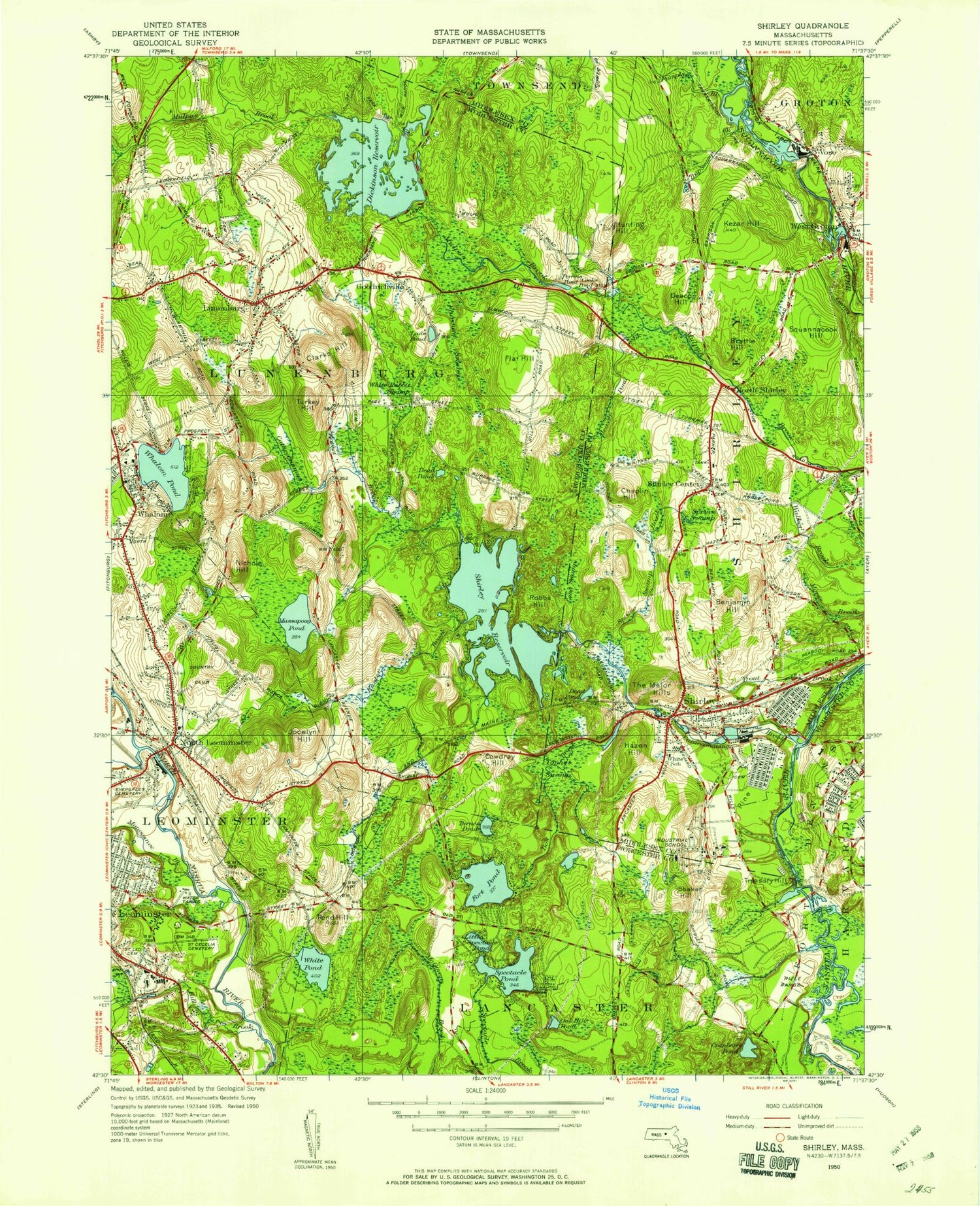 Classic USGS Shirley Massachusetts 7.5'x7.5' Topo Map Image