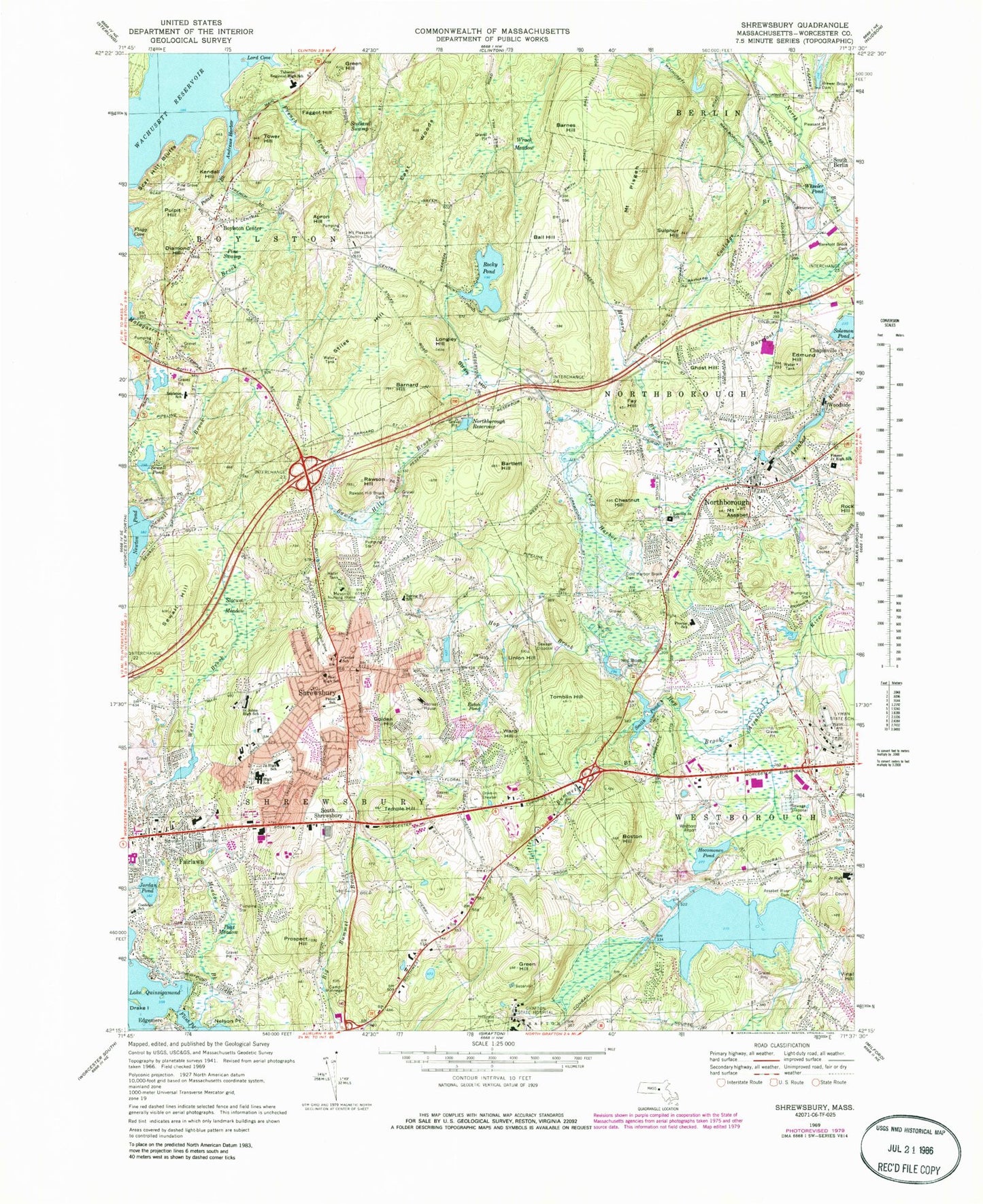 Classic USGS Shrewsbury Massachusetts 7.5'x7.5' Topo Map Image