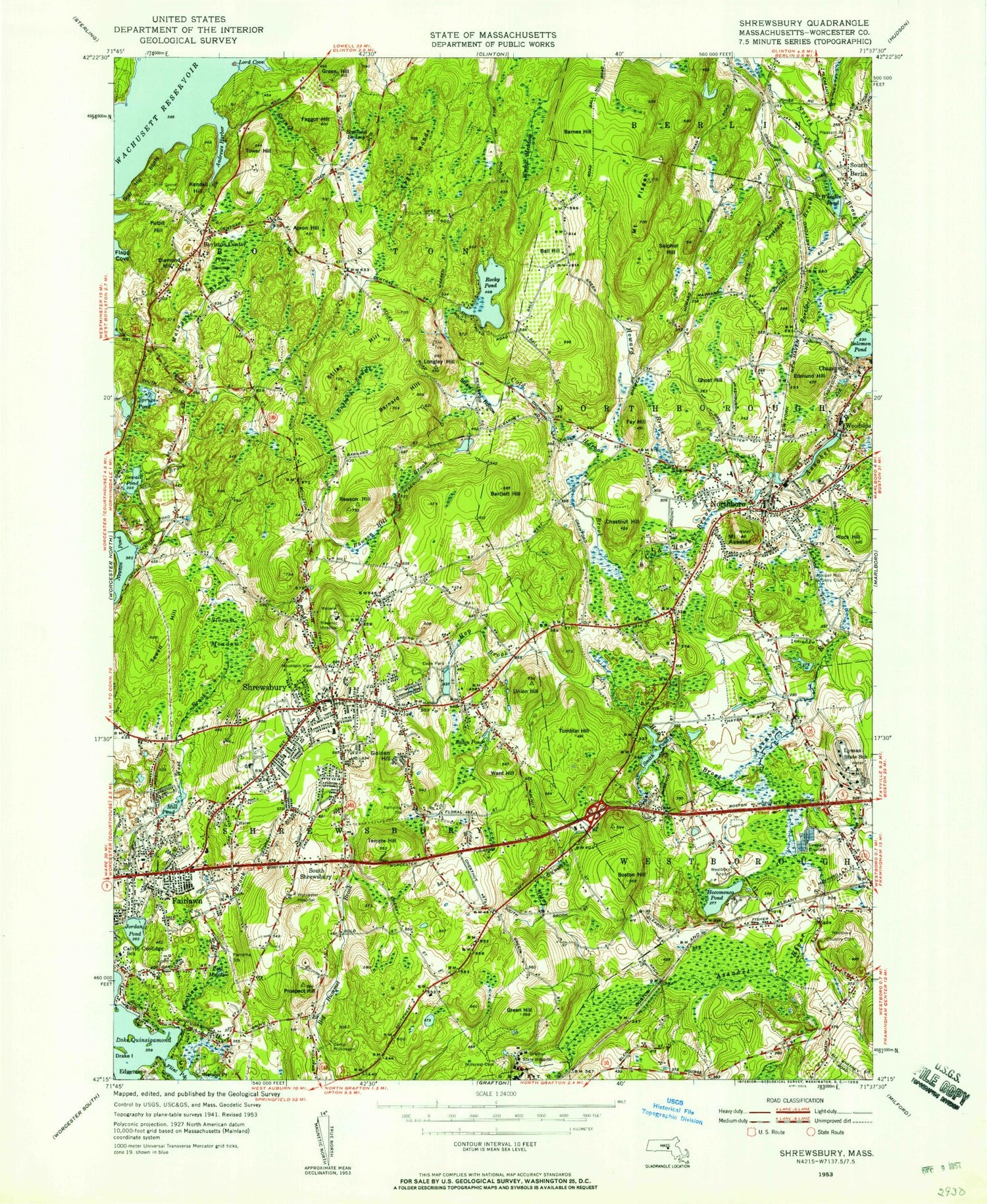 Classic USGS Shrewsbury Massachusetts 7.5'x7.5' Topo Map Image