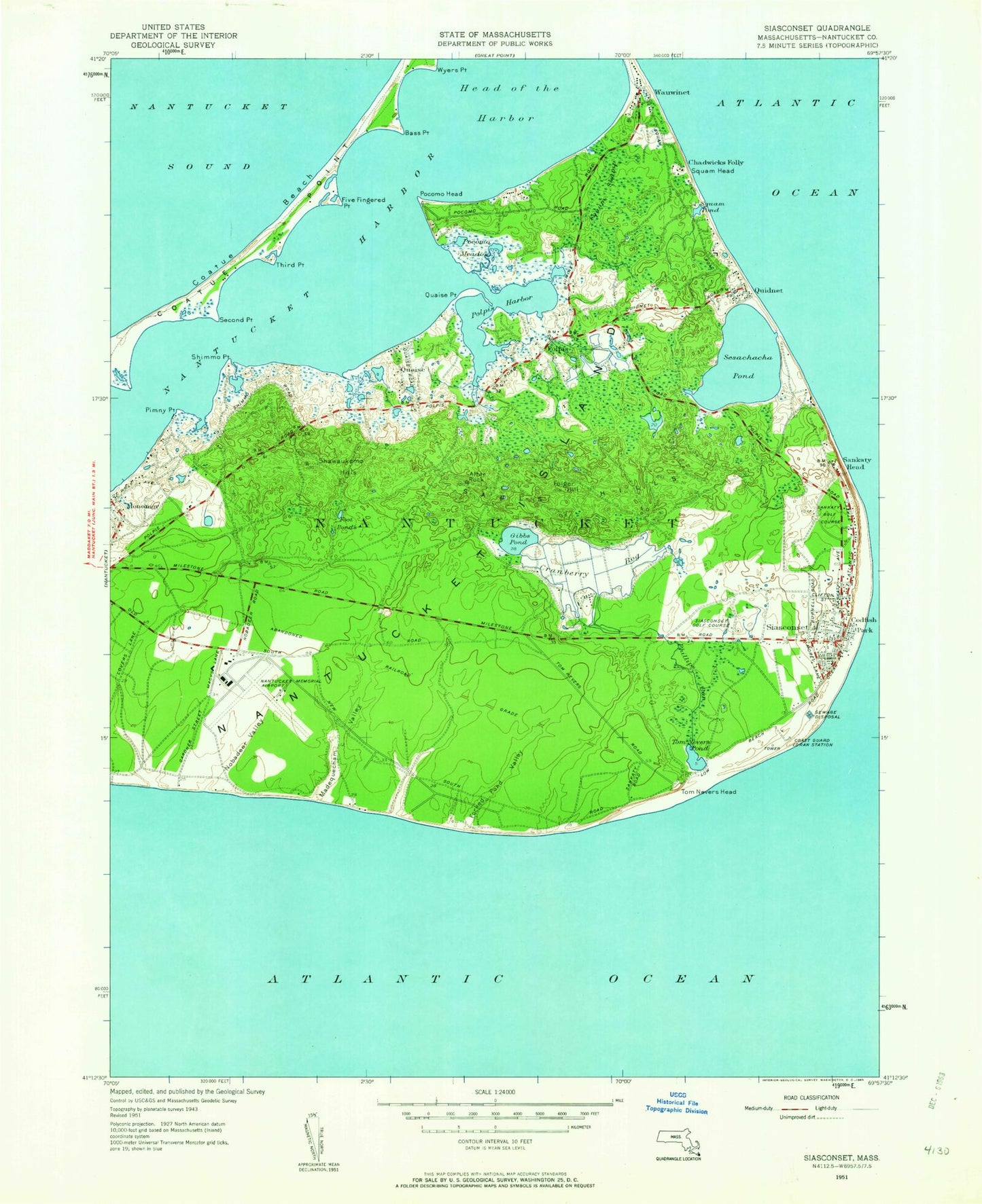 Classic USGS Siasconset Massachusetts 7.5'x7.5' Topo Map Image