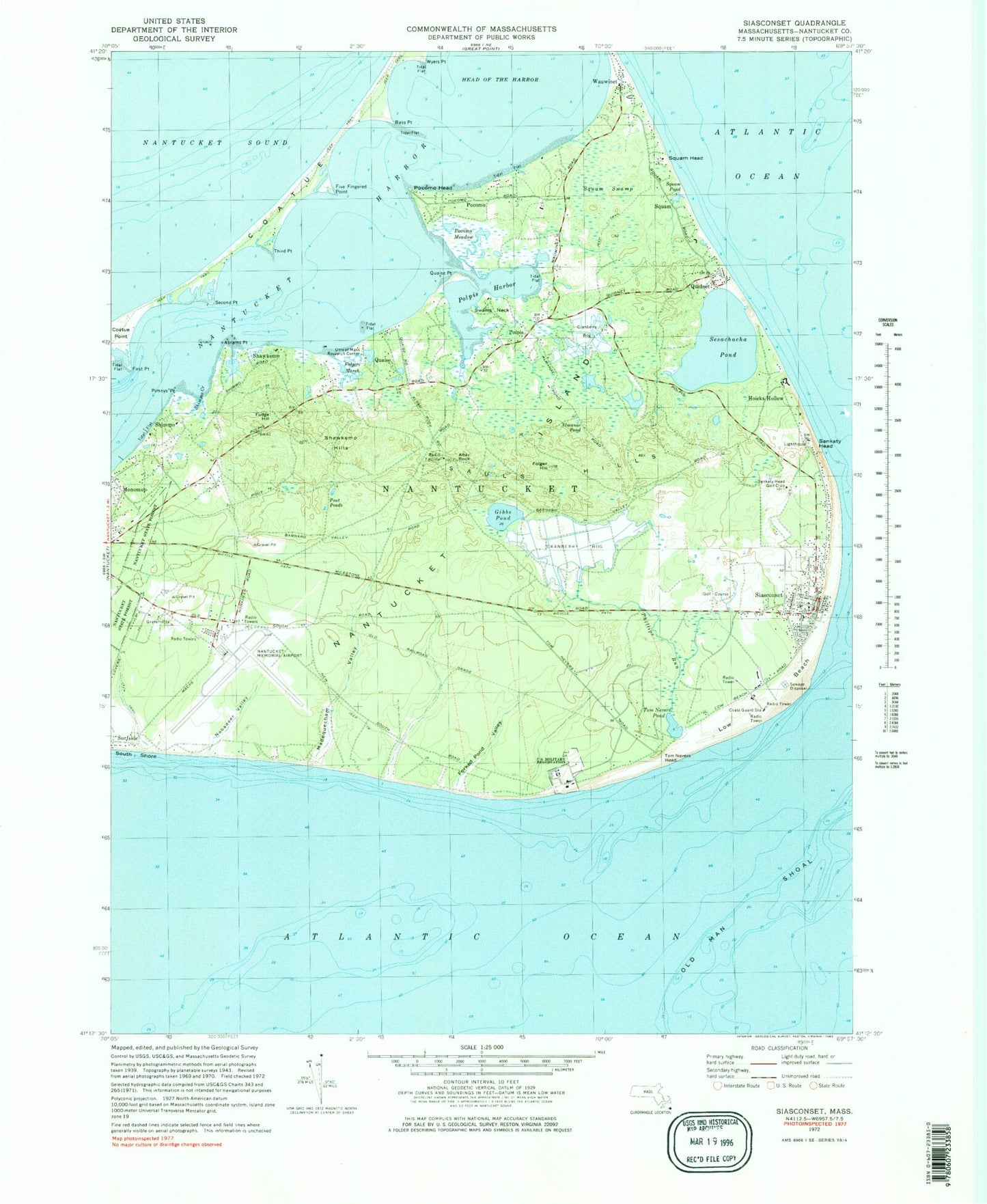 Classic USGS Siasconset Massachusetts 7.5'x7.5' Topo Map Image