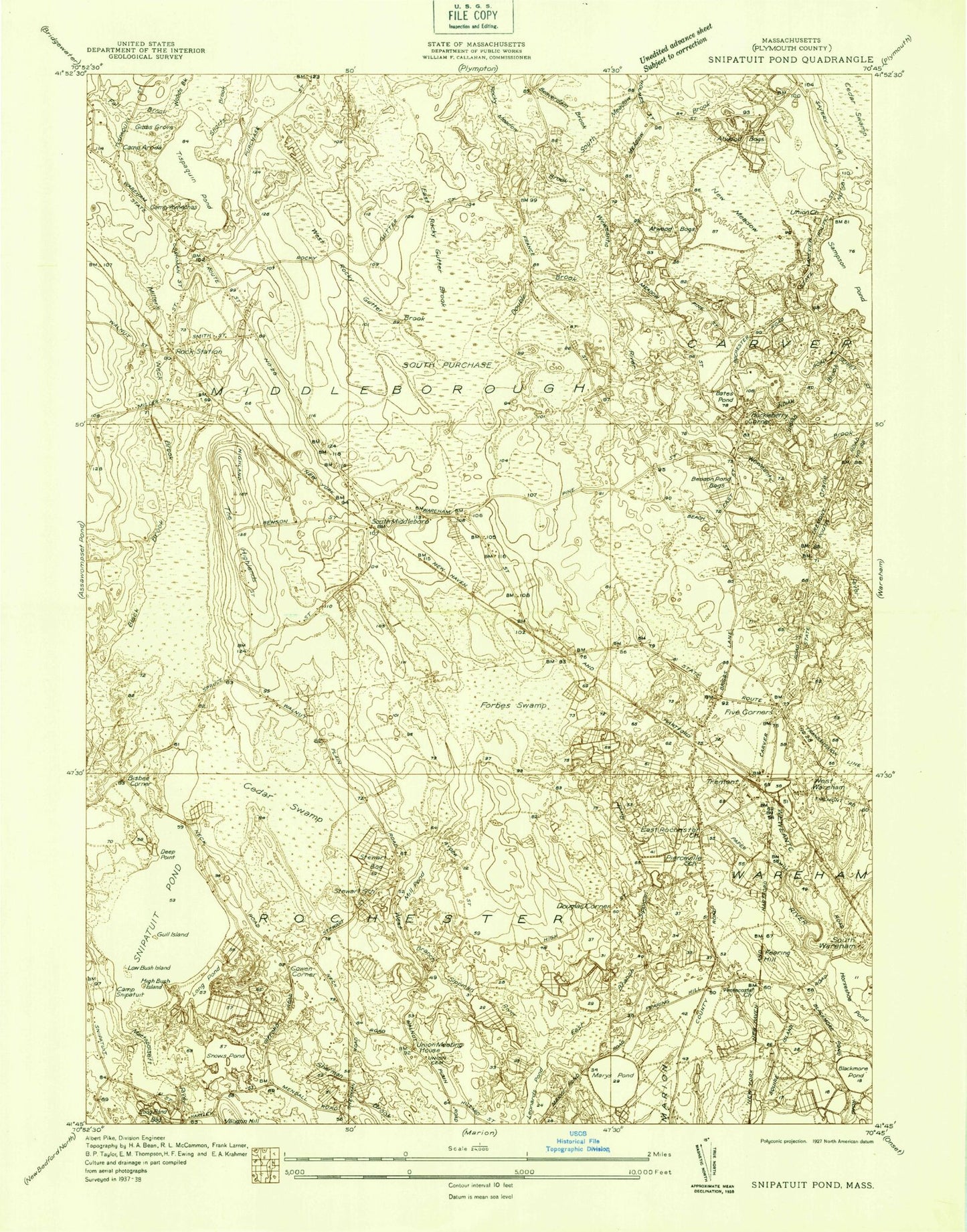 Classic USGS Snipatuit Pond Massachusetts 7.5'x7.5' Topo Map Image